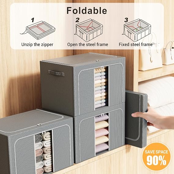Clothes Storage Bins with Metal Frame, Foldable Clothes Organizers Storage Containers for Clothes, Sheets, Blankets, Pillows and Towels (66L, 3 Pack, Deep Grey