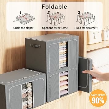 Clothes Storage Bins with Metal Frame, Foldable Clothes Organizers Storage Containers for Clothes, Sheets, Blankets, Pillows and Towels (66L, 3 Pack, Deep Grey