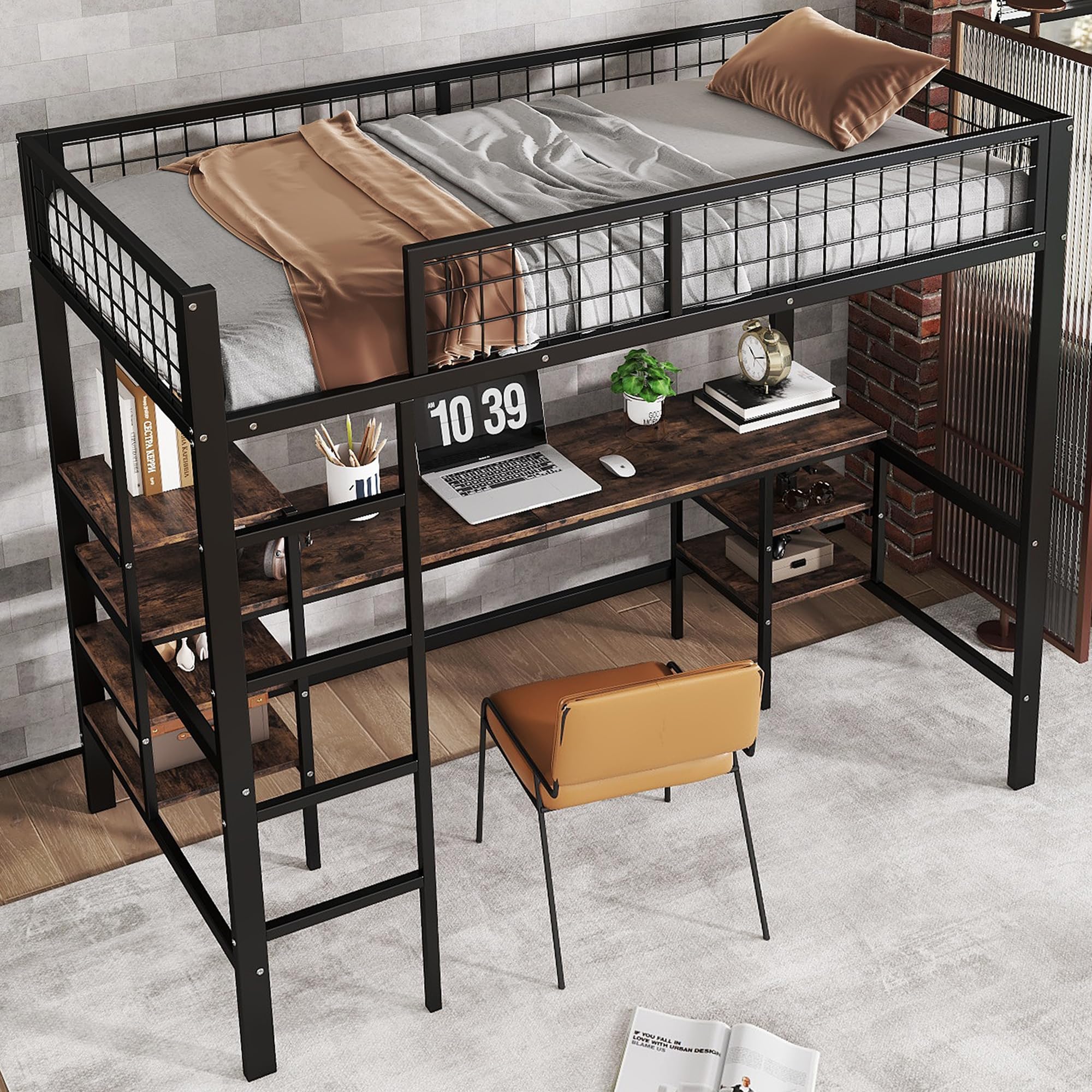 OKMYHOME Łóżko antresolowe 90x200 cm, metalowe łóżko dla nastolatków z wbudowanym biurkiem i półkami, oszczędność miejsca w stylu industrialnym - czarne