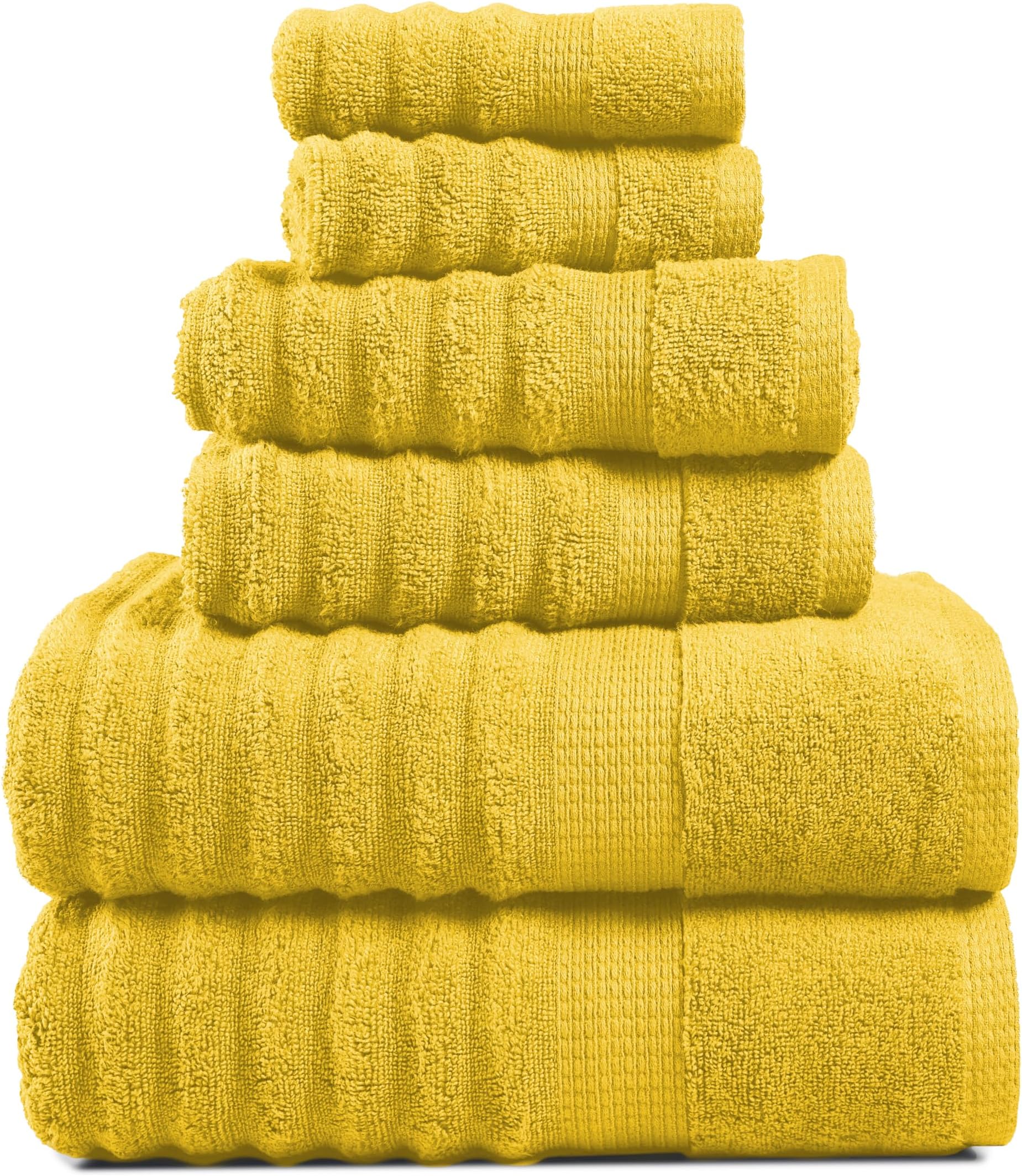 LANE LINEN Bath Towel Set - Soft and Absorbent, Ribbed, 100% Cotton Towels for Bathroom, Hotel, Body & Spa - 2 Bath Towels Large Size, 2 Bathroom Hand Towel and 2 Wash Cloths (6 Piece Set) - Mimosa