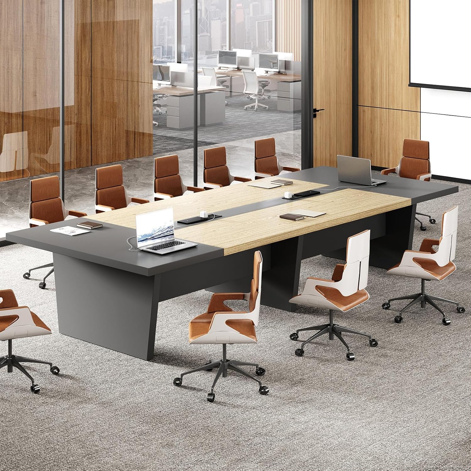118" Rectangular Conference Table, Seats 10-12, Built-in Power Outlets & USB Charging Ports, Cable Management, 2-Inch Thick Top, Walnut/Grey