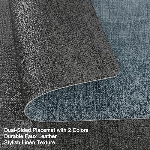 Miniatura 2 de Myir JUN Juego de 6 manteles individuales de doble cara, piel sintética, cuadrados antideslizantes para interiores y exteriores (gris azul claro,