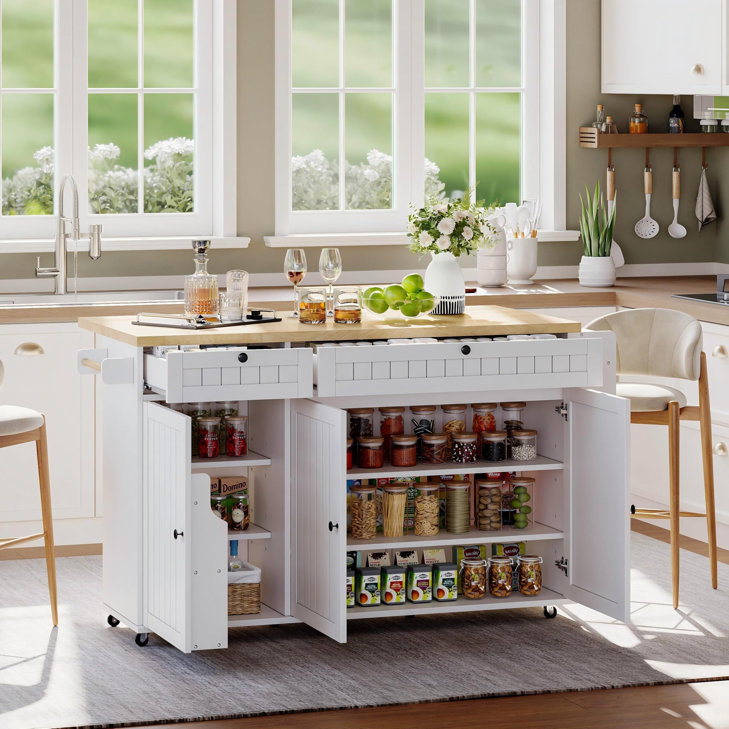 Kebnor Kücheninsel mit klappbarer Arbeitsplatte, Küchenschrank auf 6 feststellbaren Rollen, mit Ablage, Türregal, 2 großen Schubladen und Schrank,137 x 89,5 x 45 cm (Weiß)