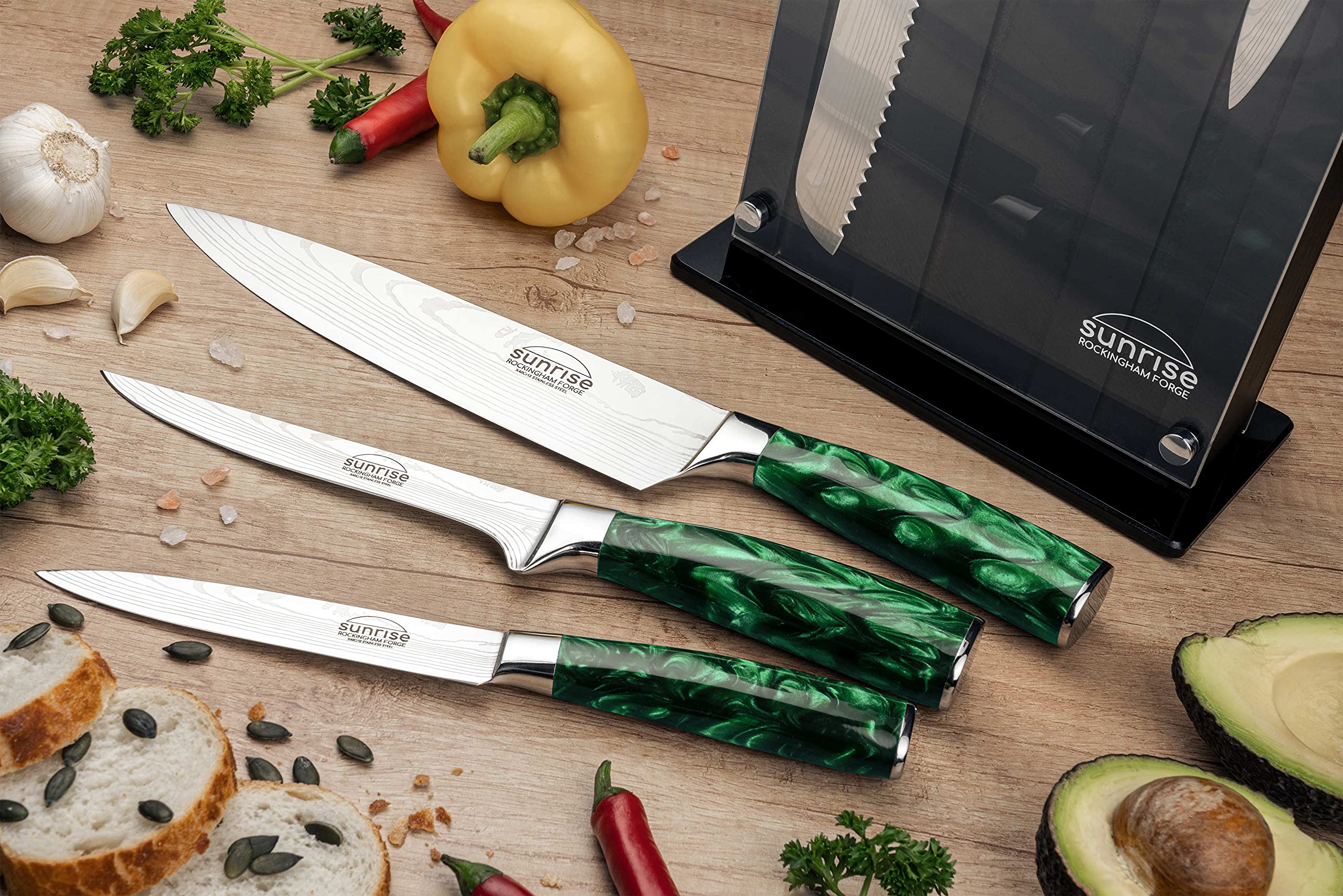 Rockingham Forge Juego de Cuchillos de Cocina de 7 Piezas, Serie Sunrise, Hoja de Acero Inoxidable con Mangos de Resina, Verde Esmeralda, RF-2160/7GN