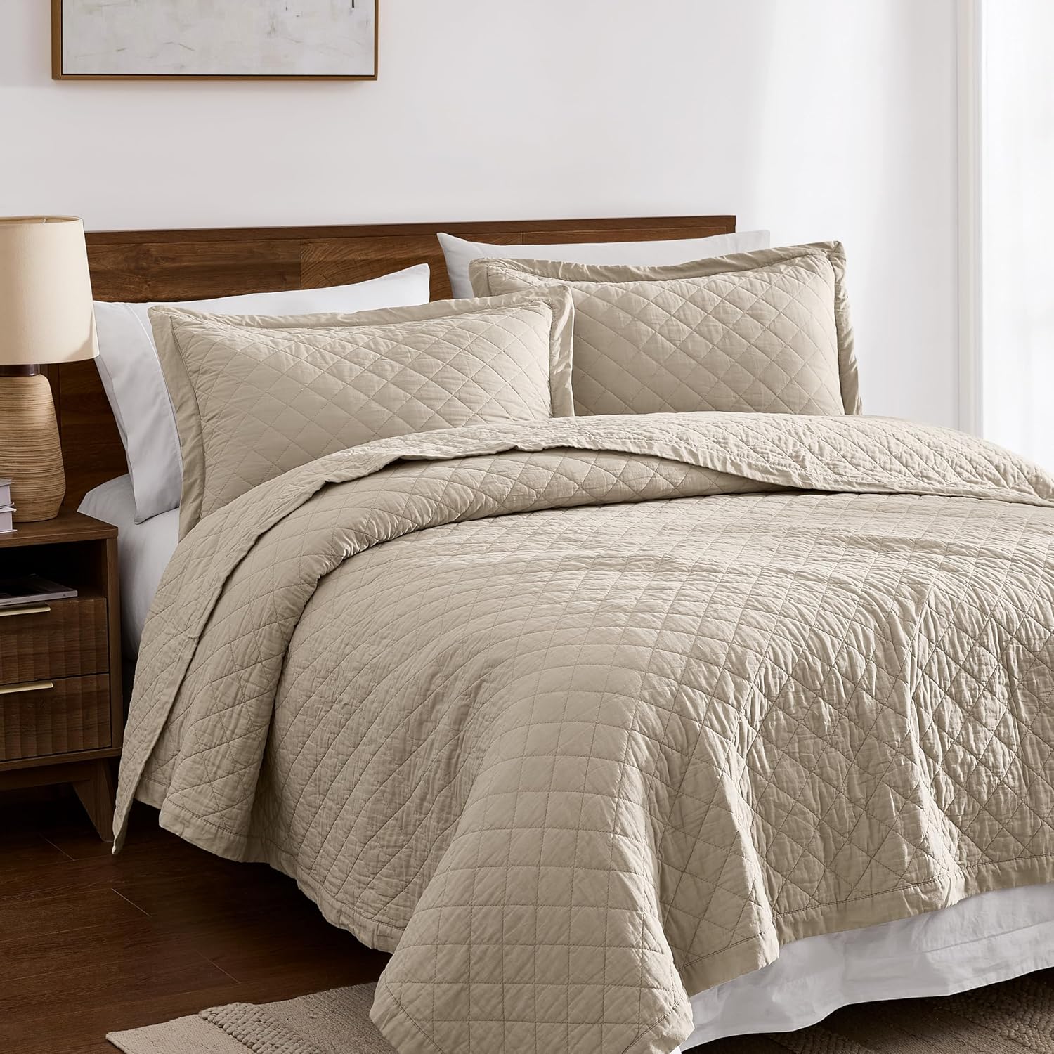 WDCOZY 100% Pre-Washed Cotton Queen Size Quilt Set - Beige Neutral Ruffle Box Soft Lightweight Bedspread, Textured Like Linen, Farmhouse Country Rustic Coverlet, Shabby Chic Gauze Bedding, 3 Pieces - Image 2