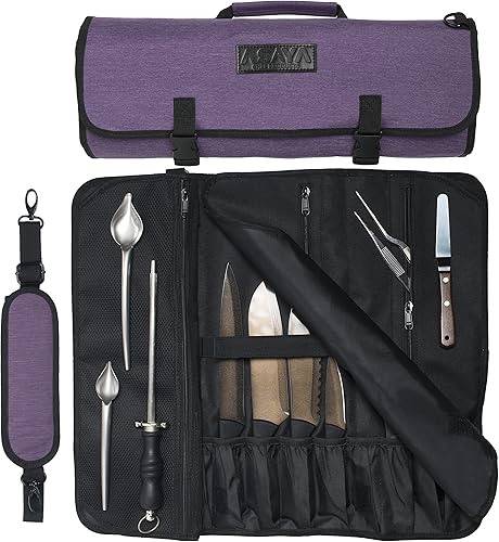 Asaya Bolsa enrollable para cuchillos de chef, 20 bolsillos en total para cuchillos y utensilios de cocina, fabricada con nailon encerado resistente