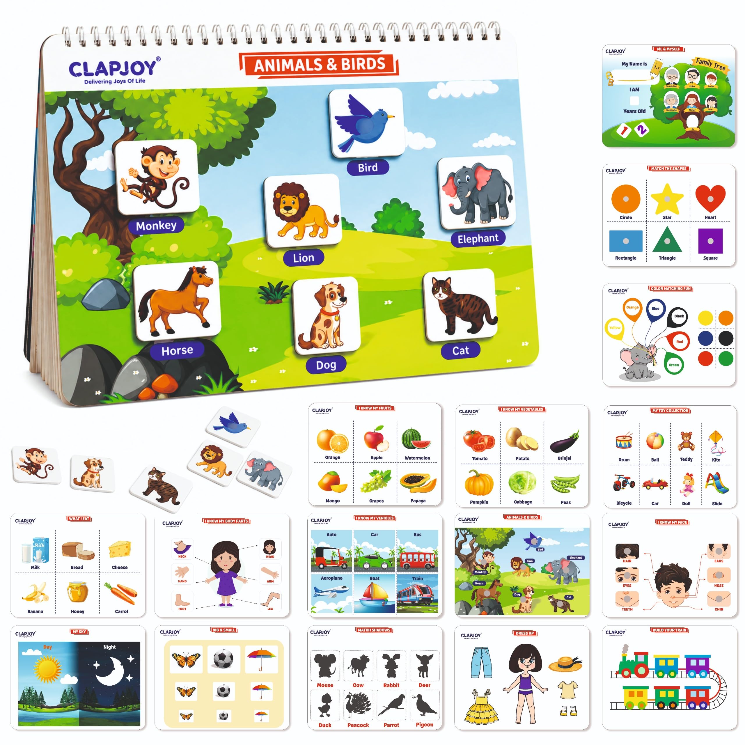 Clapjoy Montessori Busy Book Level 1 | 16-in-1 Toddler Activity Binder with Numbers, Alphabets, Animals, Colours & Fruits | Educational Velcro Quiet Book for Kids Age 2-5 Years | Preschool Learning Toy & Gift