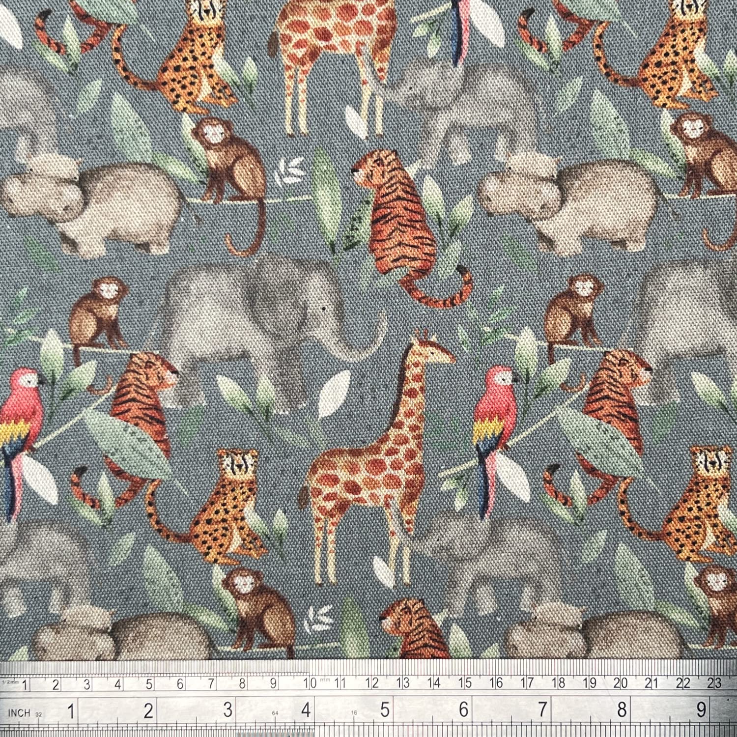 Cotton Canvas Fabric - Elephant Tiger Monkey Parrot Giraffe on Grey - Craft Fabric Material Metre
