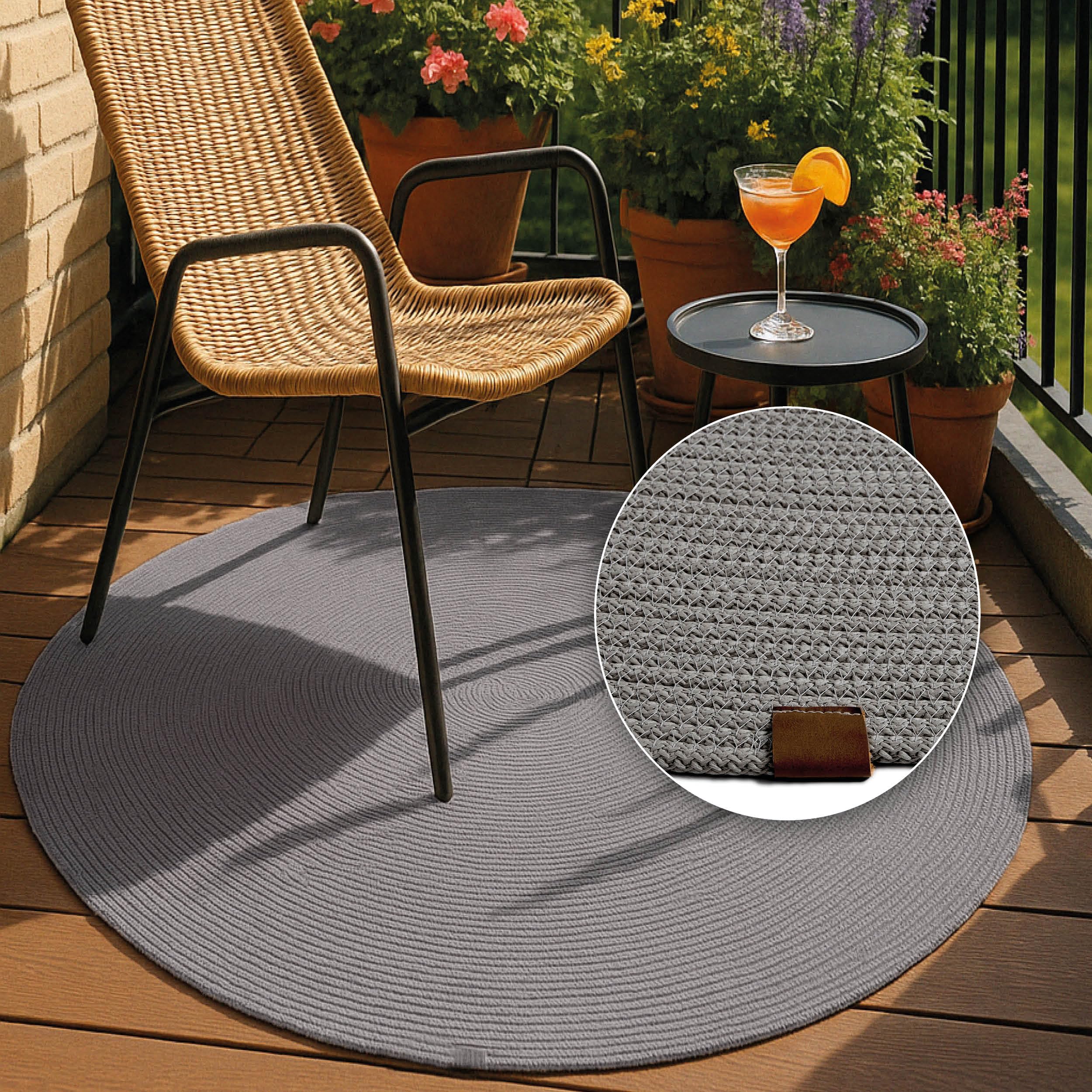 Astra Robuster Outdoorteppich rund - Beidseitig nutzbarer Teppich Innen und Außen - Handgenähter-Teppich Balkon, Terasse, Garten - Grau rund Ø 120 cm