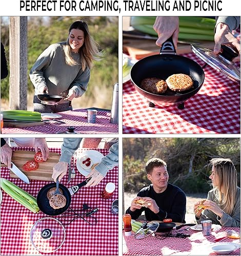 Miniatura 8 de Zone Tech - Sartén de 12 V con tapa de vidrio, portátil antiadherente de 7.5 pulgadas, asas que se mantienen frescas, calentamiento rápido,