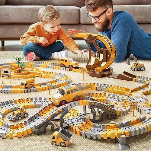 Miniatura 7 de iHaHa 299 piezas de pistas de carreras de construcción para niños, 6 piezas de autos de ingeniería y pista de carreras flexible crea un camino de