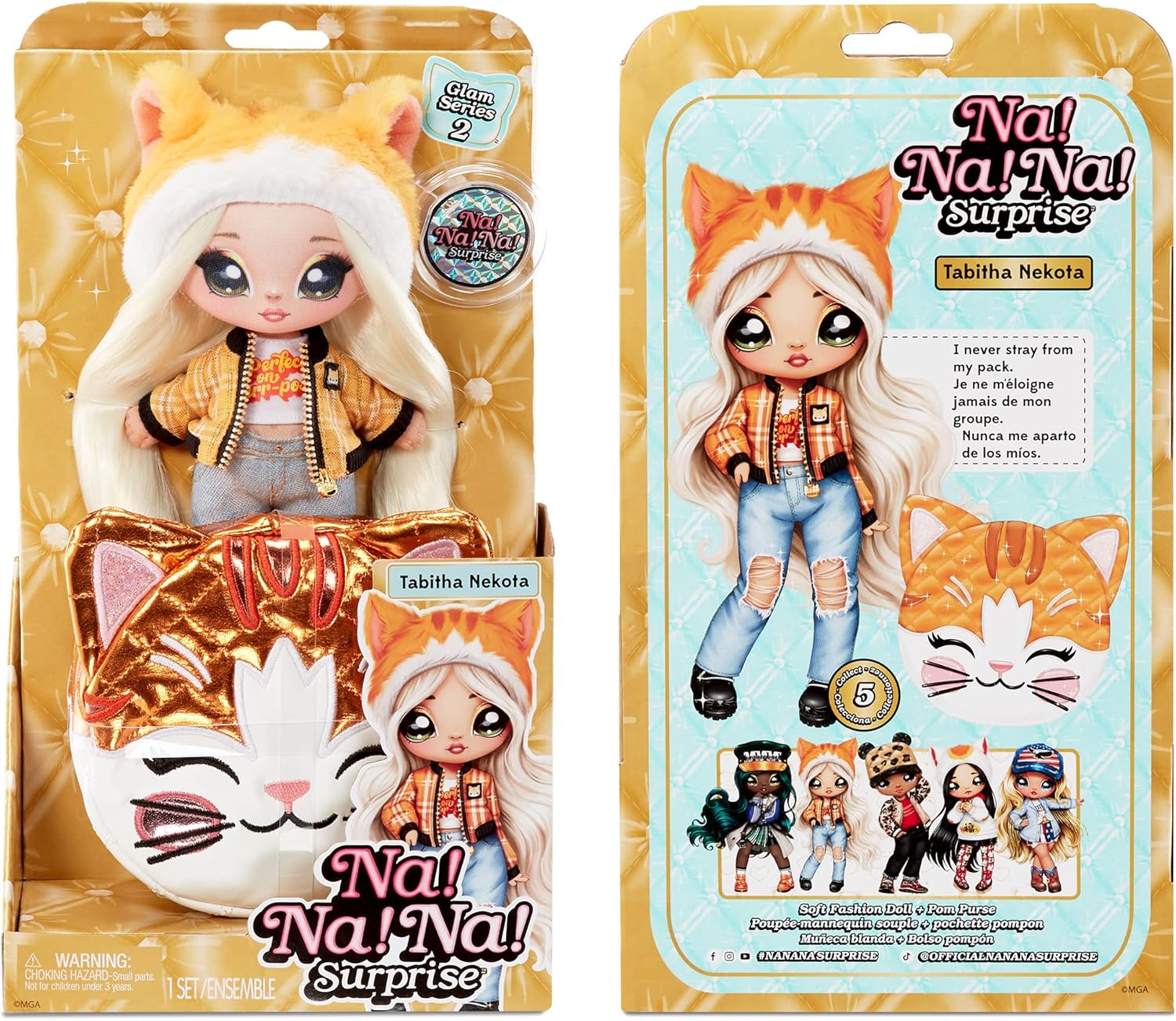 Na Na Na Surprise Glam Series 2 Tabitha Nekota - Tabby Cat-Inspired 7.5" Fashion Doll with Platinum Blonde Hair and Metallic Clip-on Kitty Purse, 2-in-1 Gift, Toy for Kids Ages 5 6 7 8+ Years