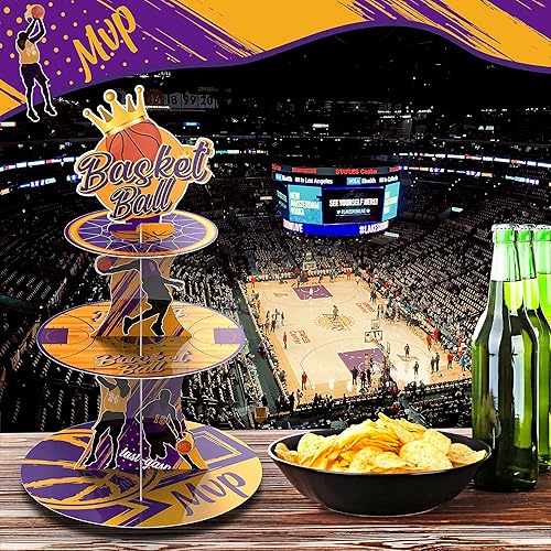 Miniatura 7 de Soporte para cupcakes de baloncesto MVP de 3 niveles con temática de baloncesto, decoración de fiesta de cumpleaños, torre de cupcakes para