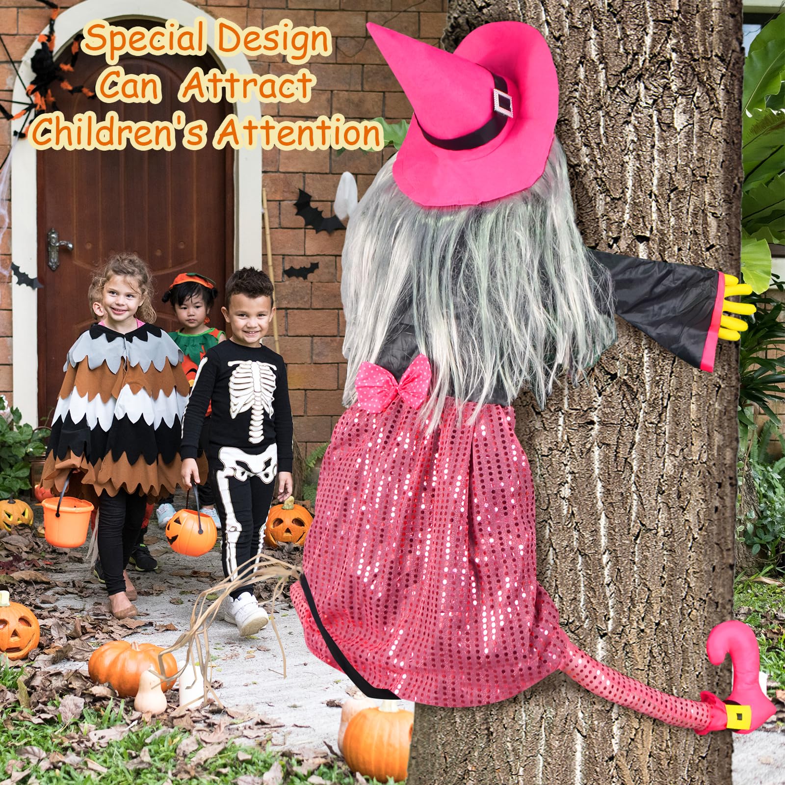 Mewcooss 67" Large Crashing Witch Halloween Decor - Pink Witch Halloween Decor Crashing into Tree Props Halloweens Flying Witches Decoration with Broom for Outdoor Backyard Garden & Lawn: Pink and Black