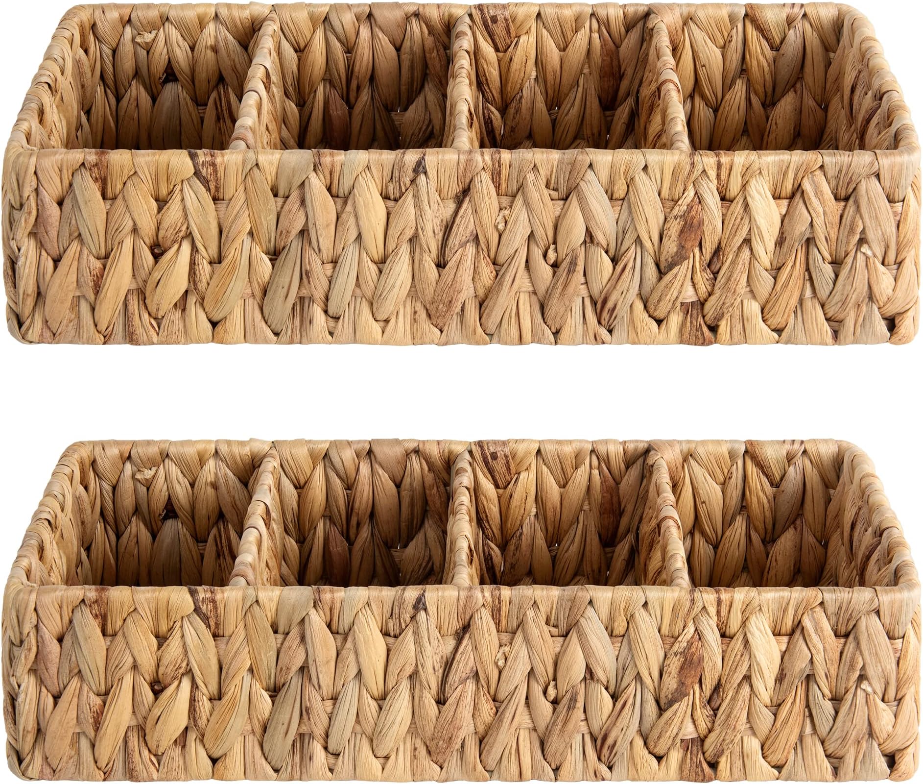 StorageWorks Small Wicker Basket for Organizing with 4-Section, Natural Water Hyacinth Storage Baskets with Dividers for Pantry Shelves, 2-Pack