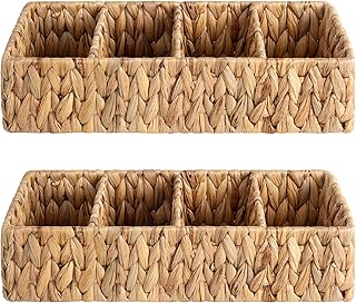 StorageWorks Small Baskets for Organizing, Wicker Baskets for Organizing with 4 Sections, Water Hyacinth Baskets, Handwoven Desk Baskets for Shelves, Pantry, Coffee Bar, 2 Pack