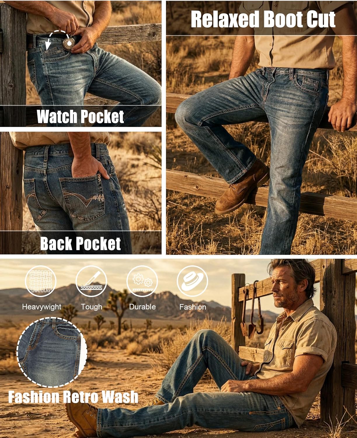 BOCOMAL Non FR-Men's Heavyweight Dura-Rugged Work Jeans Mid Rise Relaxed Fit Boot Cut 7 Utility Pockets Retro Washed Jean