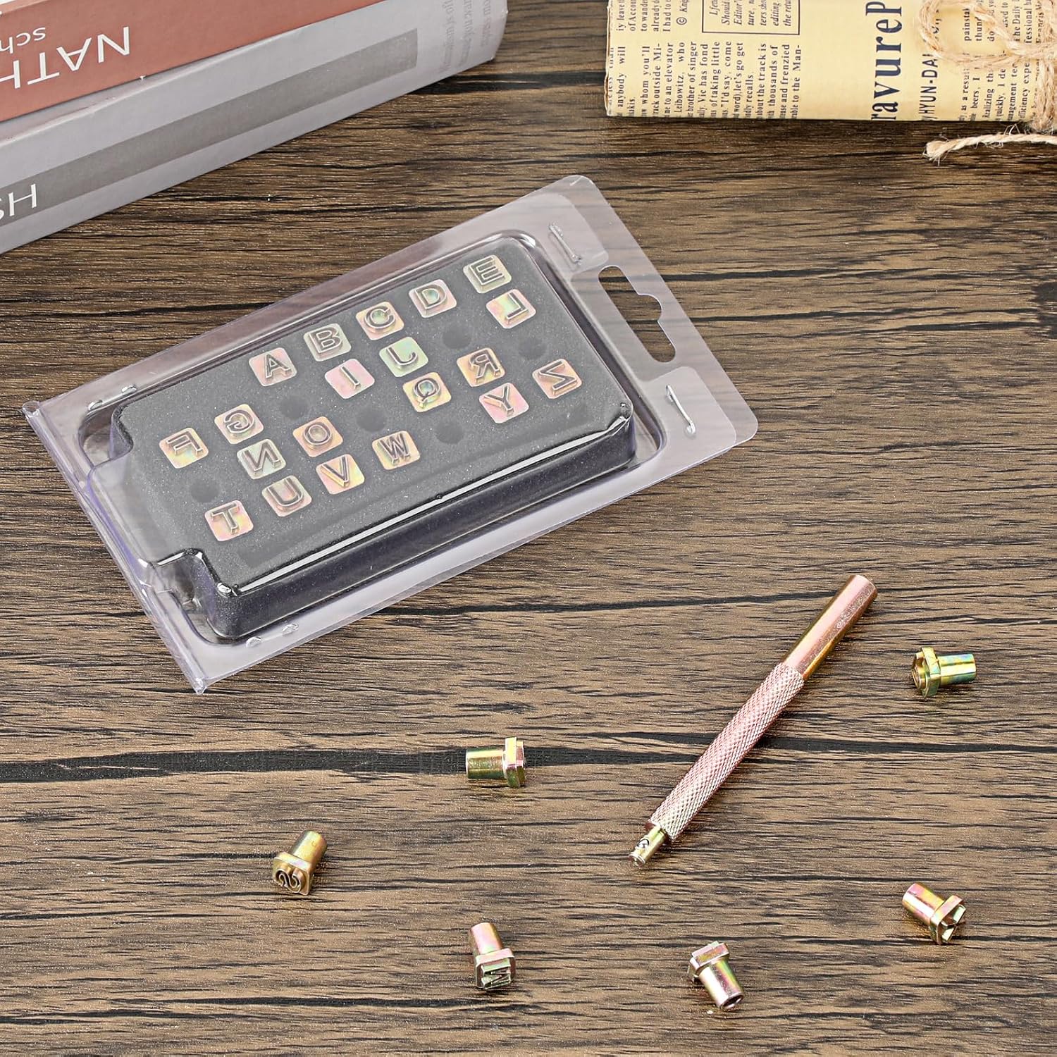 OwnMy 27PCS 6mm Leather Stamping Tools Kit Includes 26PCS Capital Letters Alphabet Stamps and 1 Steel Punch Handle, Metal Leathercarft Embossing Stamp Tools for Leather Art Crafts Marking/Working