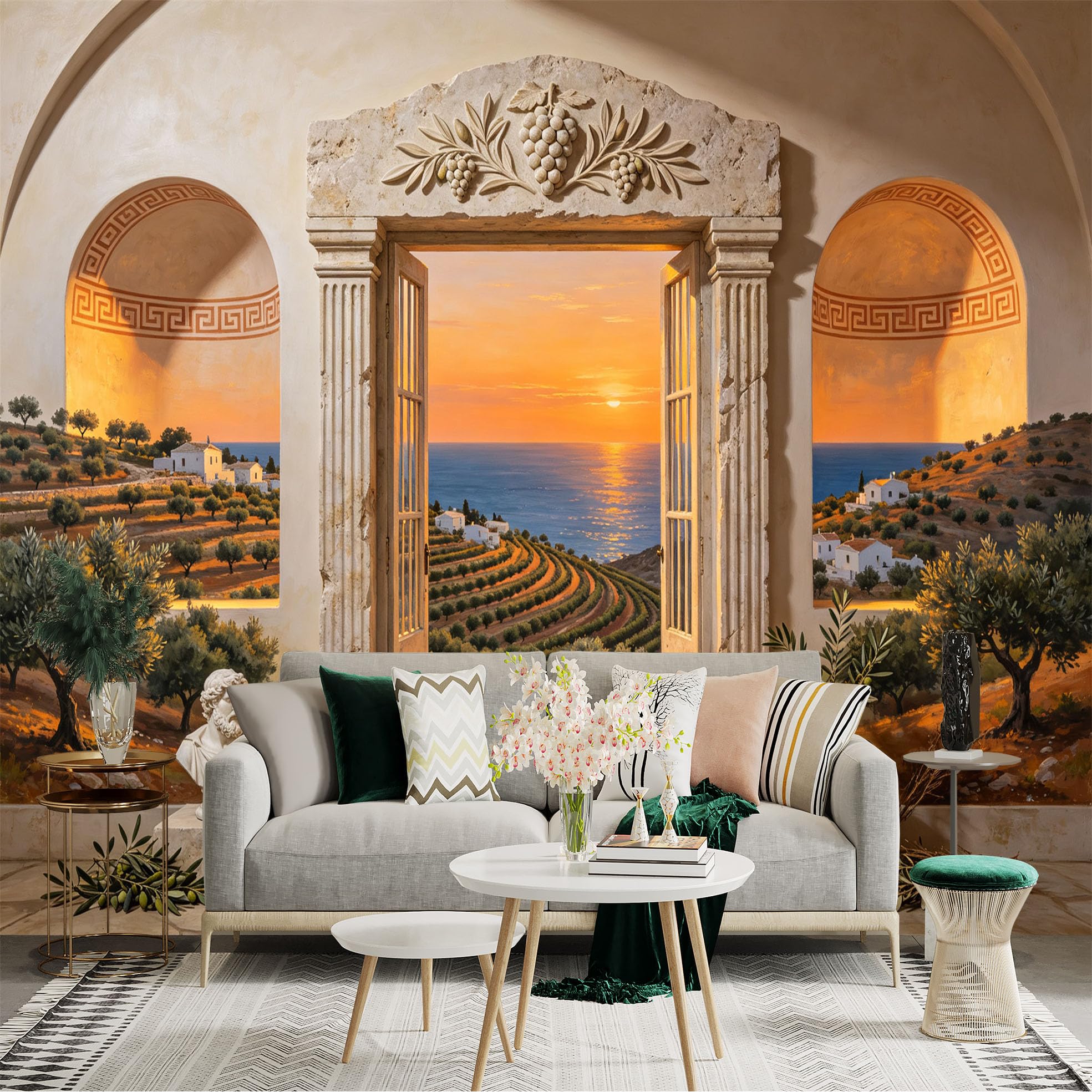 Custom Size Wall Sticker Mural， Mediterranean Sunset Sea View， Olive Grove and Stone Archway， for wall Decoration， peelandstick wall Decals.