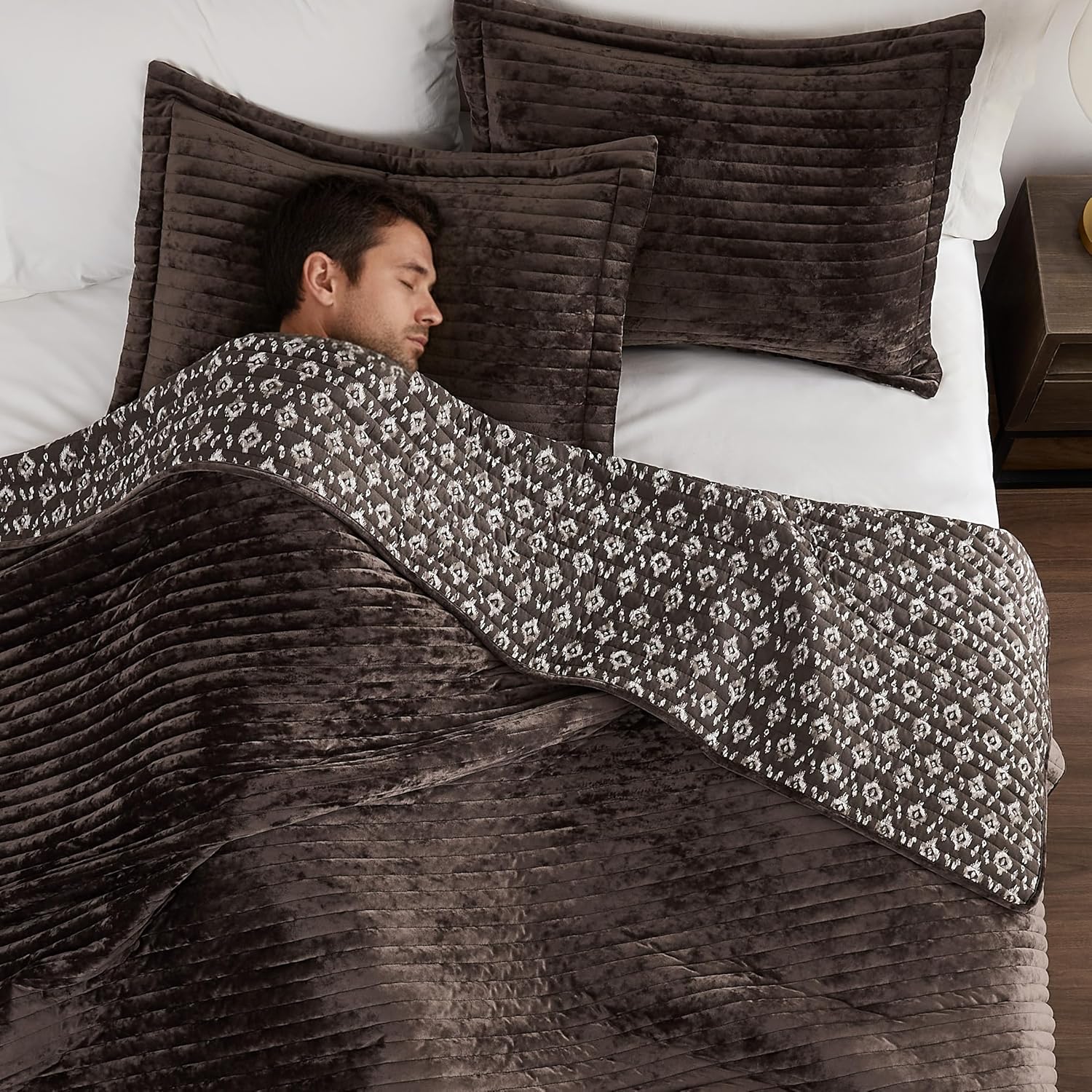 WDCOZY Velvet Queen Size Quilt Set - Chocolate Striped Soft Lightweight Bedspread, Dark Brown Neutral Channel Farmhouse Country Rustic Coverlet, Coffee Modern Bedding Warm Thin Comforter, 3 Pieces