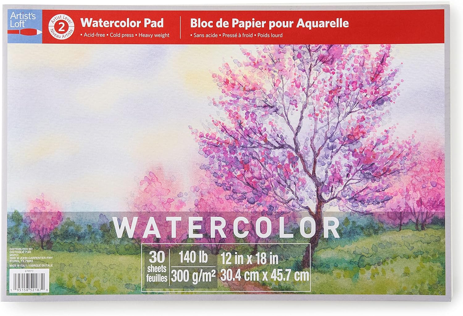 Artist's Loft 12" x 18" Level 2 Watercolor Pad - Heavyweight and Acid Free Paper for Watercolor, Gouache, and Acrylic - 1 Pack
