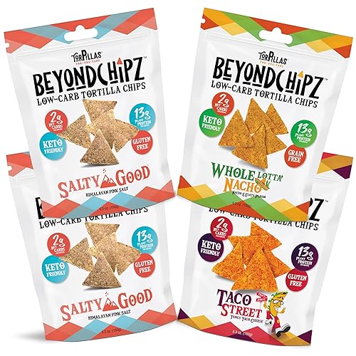 BeyondChipz Chips de tortilla  Chips bajos en carbohidratos  2 g de carbohidratos netos y 13 g de proteína de guisante  Chips de proteína Keto