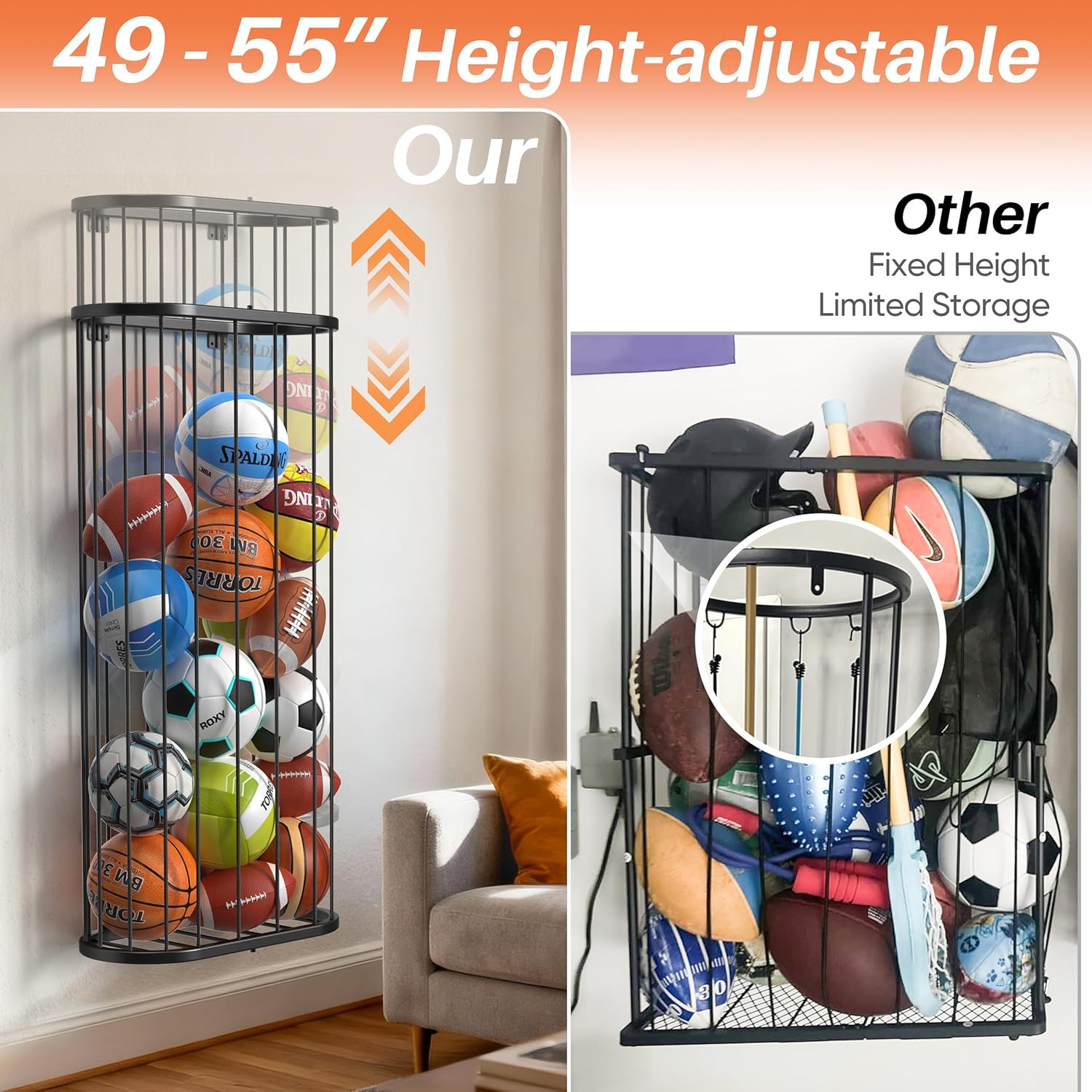 Adjustable Height Ball Storage, Large Wall-Mounted Basketball Holder Rack, Gym Garage Outdoor Ball Rack with Elastic Rope, Sports Equipment Organizer