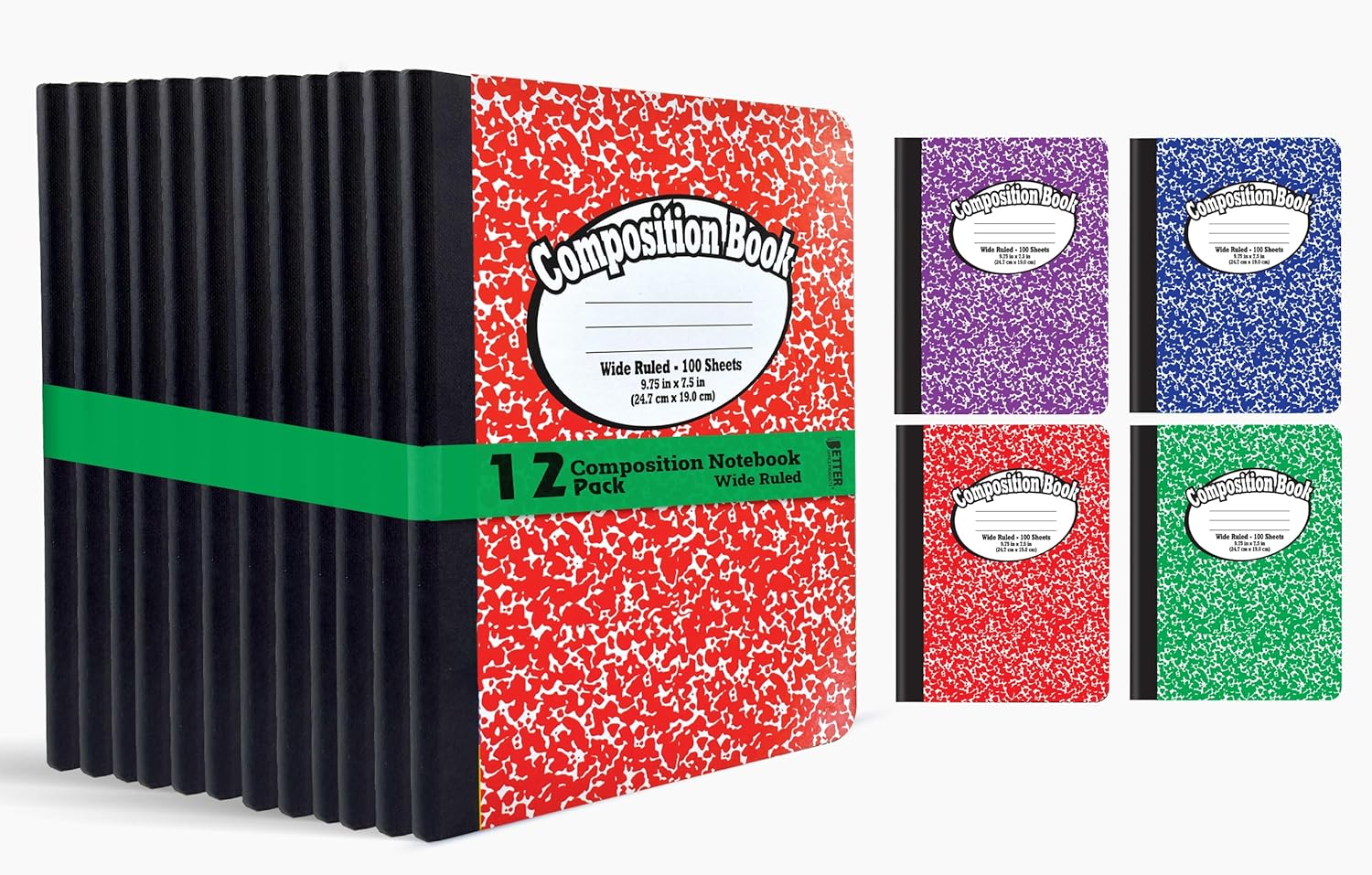 Better Office Products Composition Book Notebook - Hardcover, Wide Ruled (11/32-inch), 100 Sheet, One Subject, 9.75" x 7.5", Assorted Covers: Red, Blue, Green, Purple-12 Pack