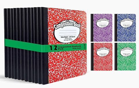 Better Office Products Kompozisyon Defteri - Sert Kapak, Geniş Çizgili (11/32 inç), 100 Sayfa, Bir Konu, 24,8 cm x 19,0 cm, Çeşitli Kapaklar: Kırmızı, Mavi, Yeşil, Mor-12'li Paket