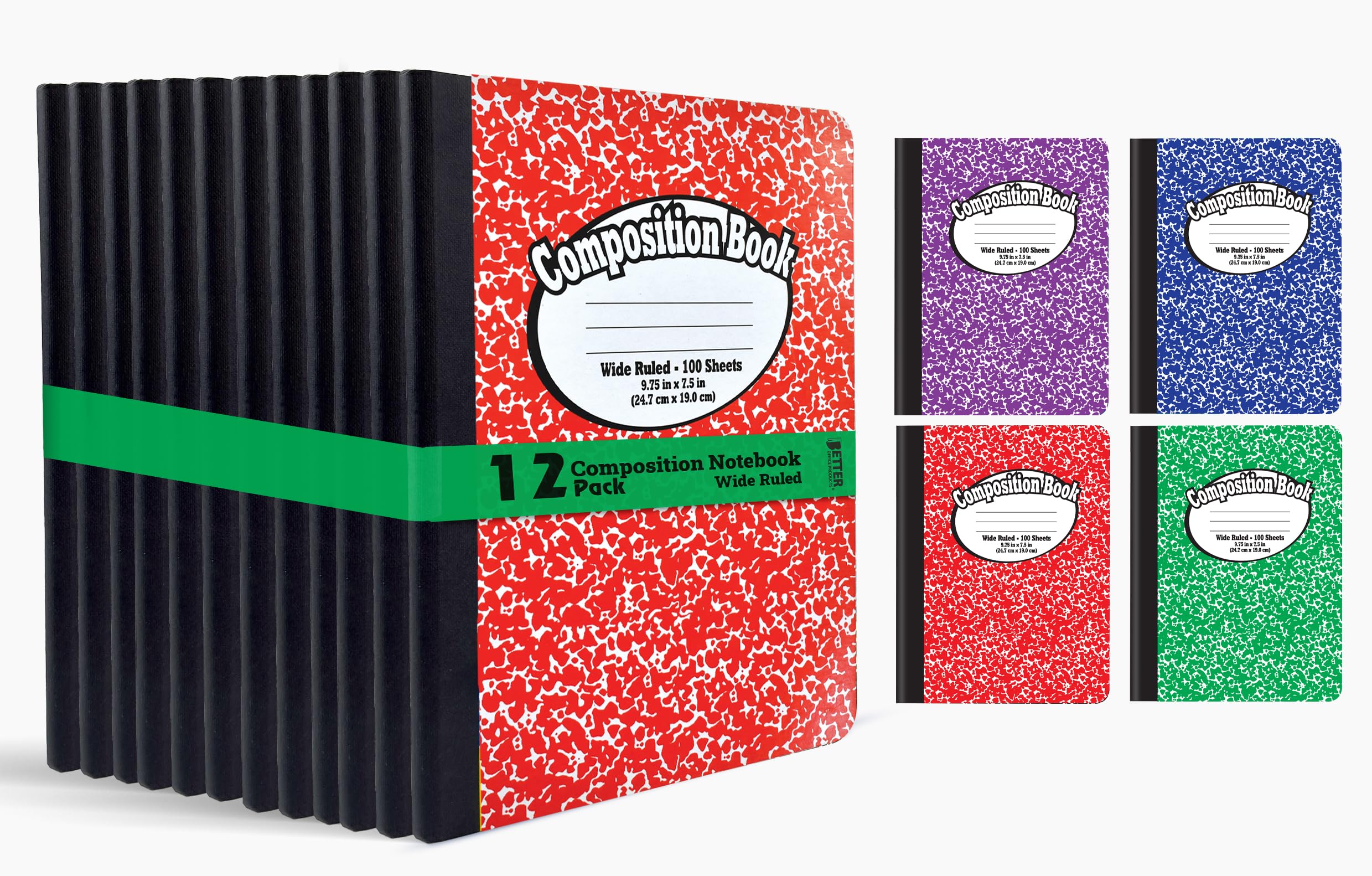 Better Office Products Composition Book Notebook - Hardcover, Wide Ruled (11/32-inch), 100 Sheet, One Subject, 9.75" x 7.5", Assorted Covers: Red, Blue, Green, Purple-12 Pack