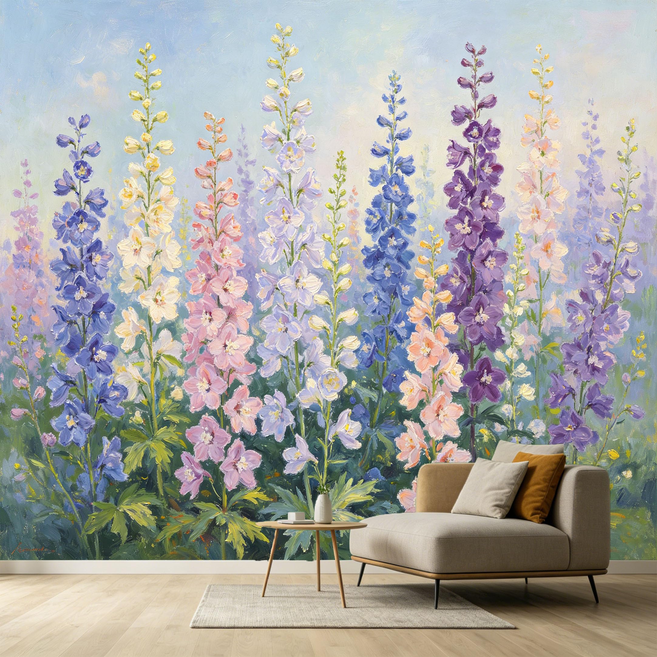 Custom Size Wall Murals Colorful Delphinium Flowers Botanical Oil Painting Pastel Floral Petals SelfAdhesive Wall Fabric Removable Large Wallpaper for Photo Living Room