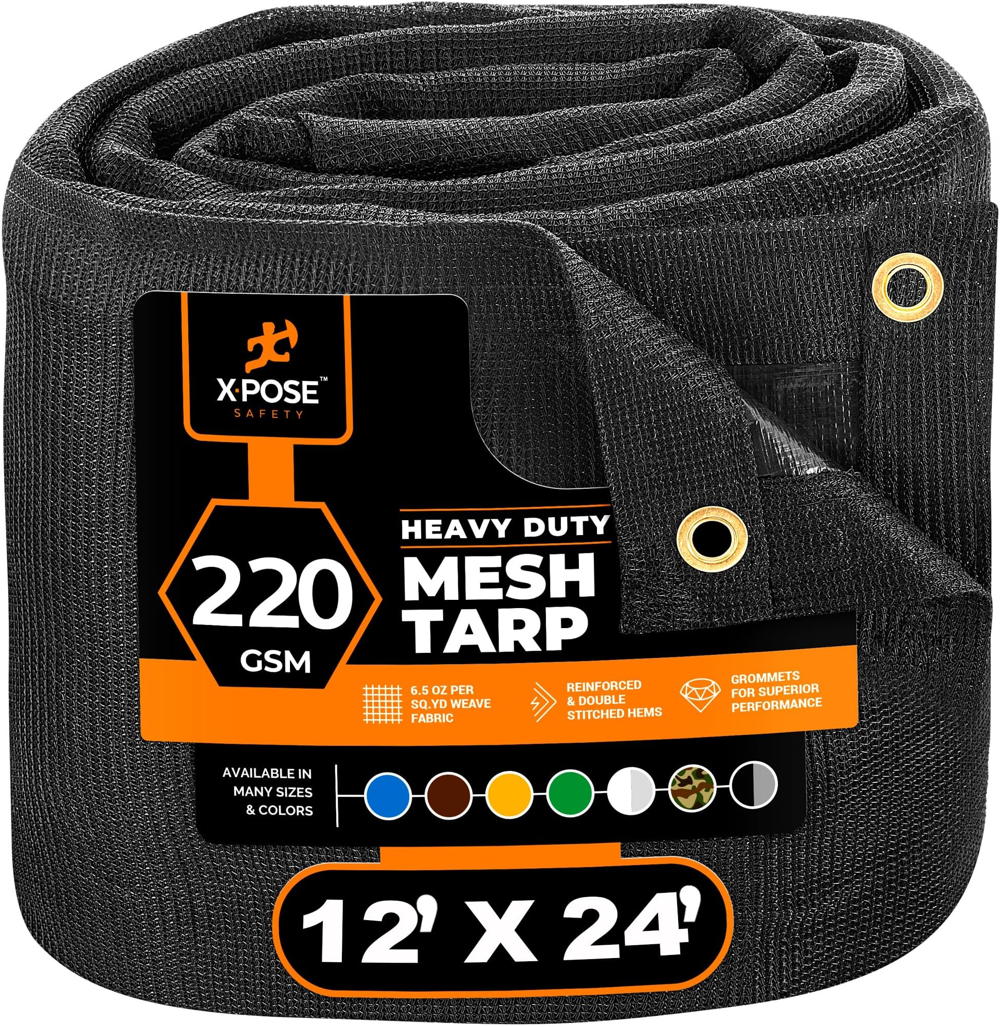 Xpose Safety Heavy Duty Mesh Tarp – 12’ x 24’ Multipurpose Black Protective Cover with Air Flow - Use for Tie Downs, Shade, Fences, Canopies, Dump Trucks – Tear Resistant