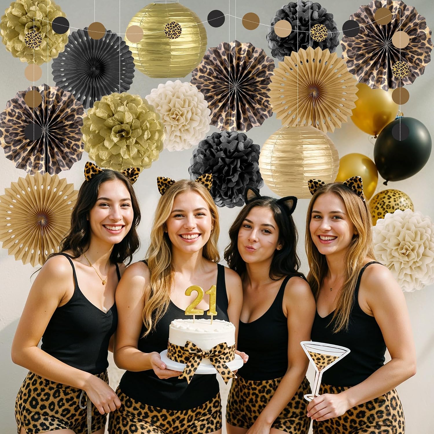 Kriyokiaa Cheetah Print Birthday Decorations 15PCS Cheetah Leopard Print Birthday Party Decorations with Tissue Pom Poms, Paper Fans Lanterns for Animal Leopard Print Party Decor Supplies