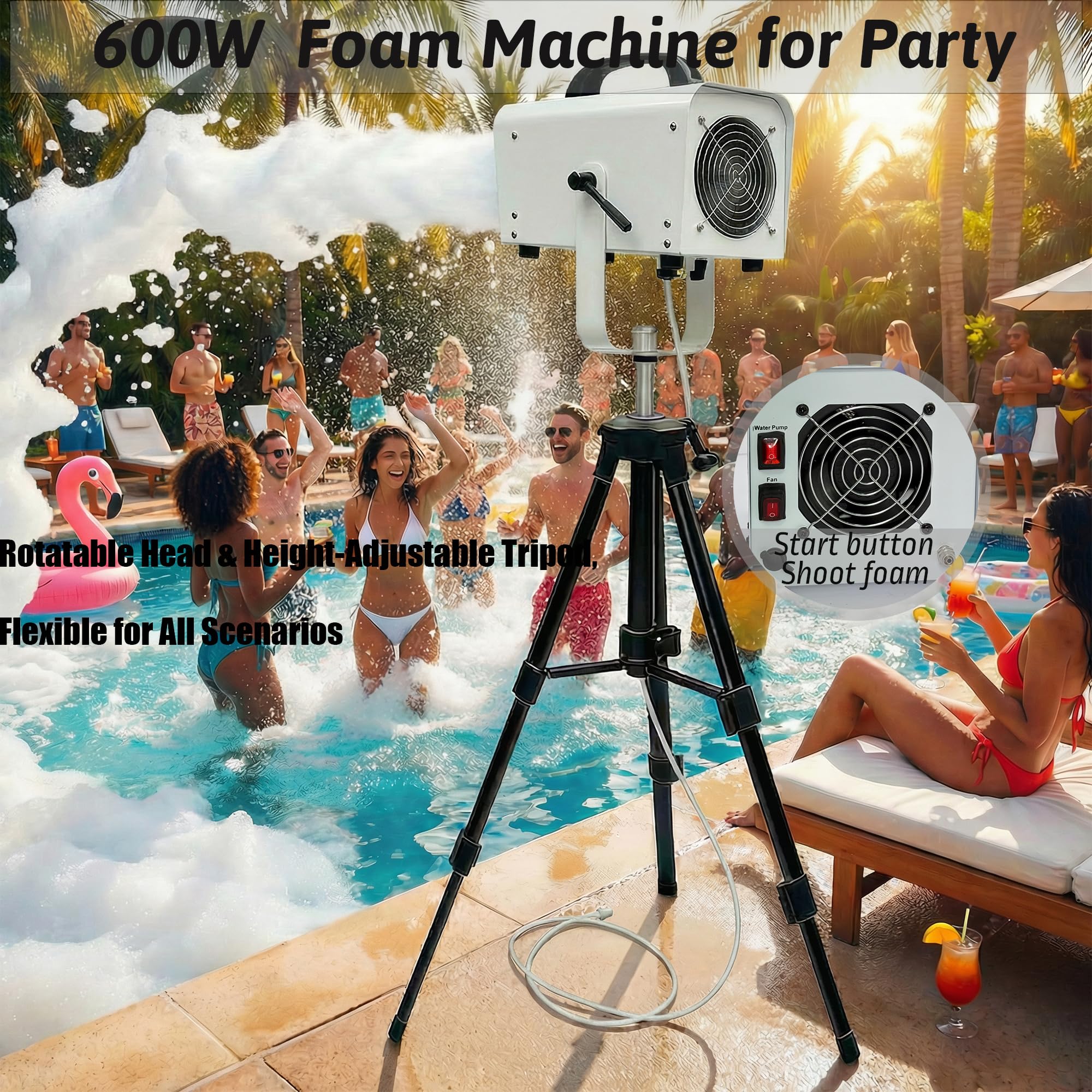 PILIN Máquina de espuma de 600 W para fiestas, cañón eléctrico de espuma para interiores y exteriores, máquina de espuma de burbujas resistente para bodas, festivales y eventos