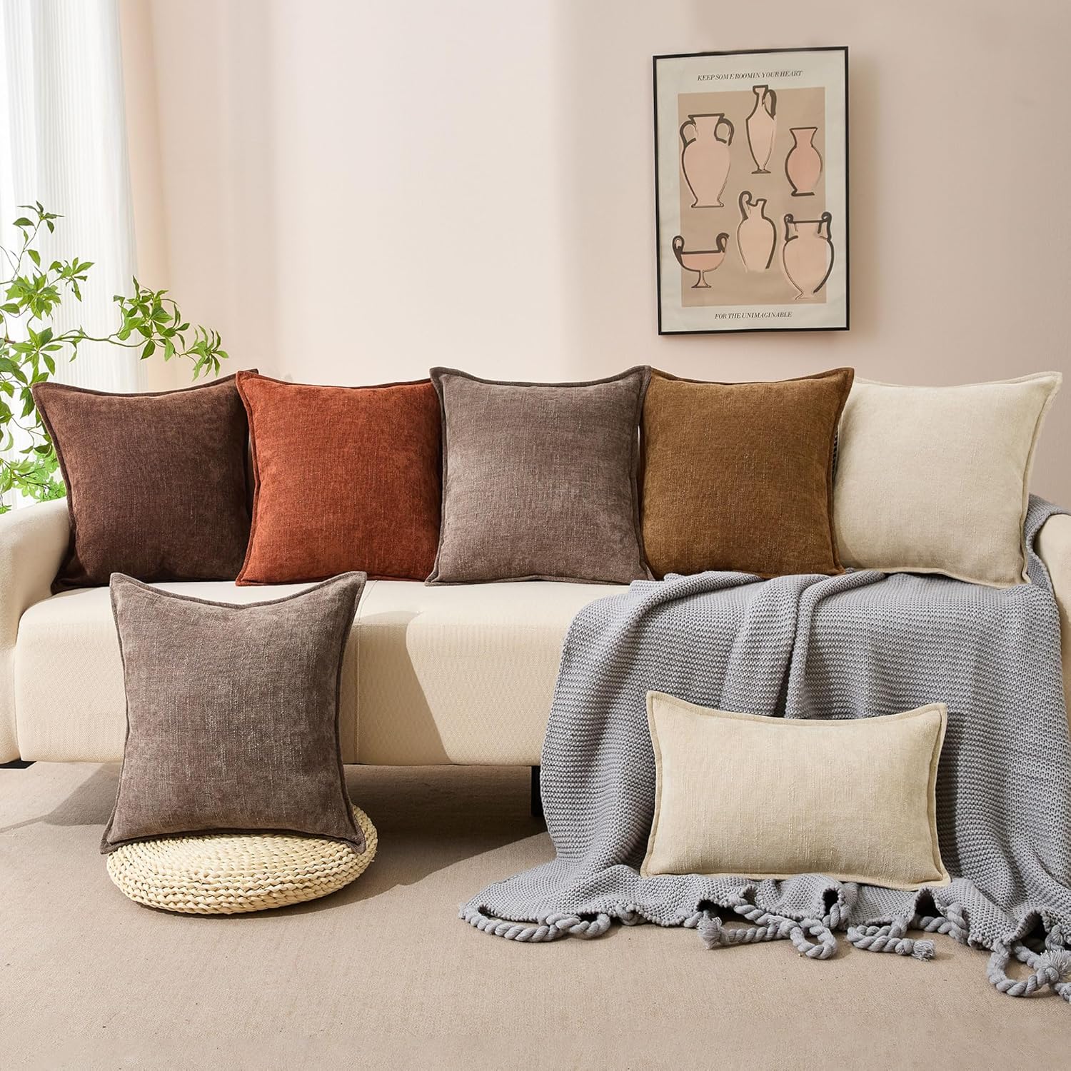 Allorry 22x22 Set of 2 Decorative Throw Pillow Covers Soft Cozy Cocoa Brown Chenille Pillow Covers Neutral Textured Solid Cushion Covers for Modern Farmhouse Sofa Bedroom Living Room Decor SY014-B22
