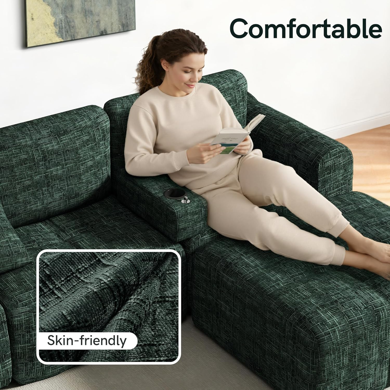 20.27'' Multifunctional Sofa Armrest, Removable Couch Armrest with Charger, Green Chenille Foam Couch Caddy Organizer with Phone Holder, Cup Holder and Storage for Modular Sectional Sofa, Loveseat