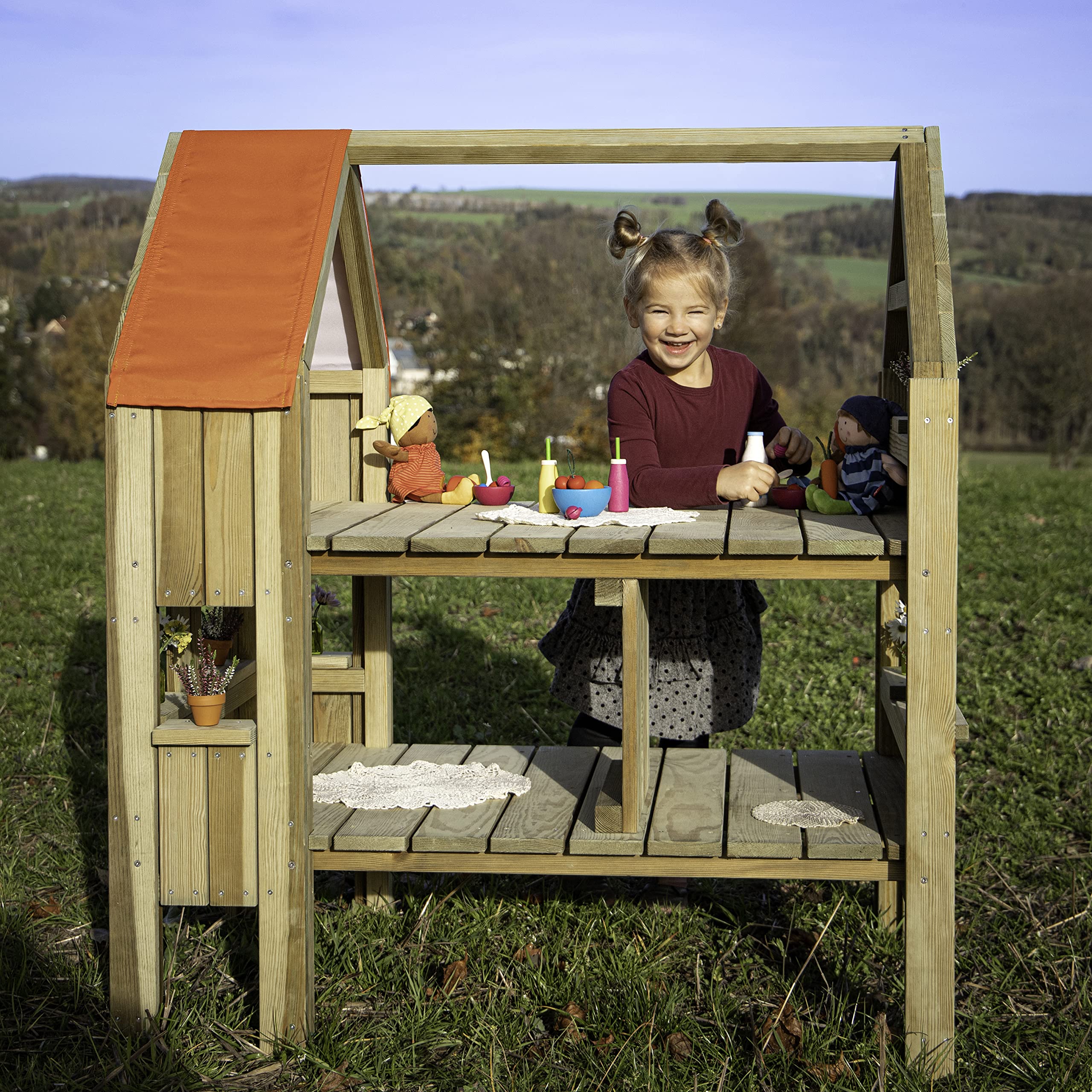 Erzi 10041 Puppenhaus Outdoor aus Holz, für Kinder | zum Spielen im Garten, Rollenspiele, Kreative Spielwelten gestalten