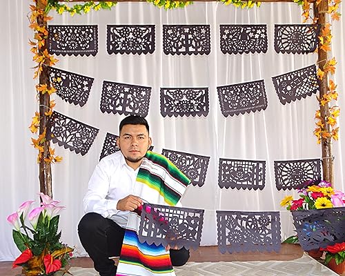 Miniatura 7 de Pancartas de papel picado negras, decoraciones de fiesta, pancarta de fiesta mexicana, banderines, guirnaldas, serpentinas para bodas, quinceañeras,