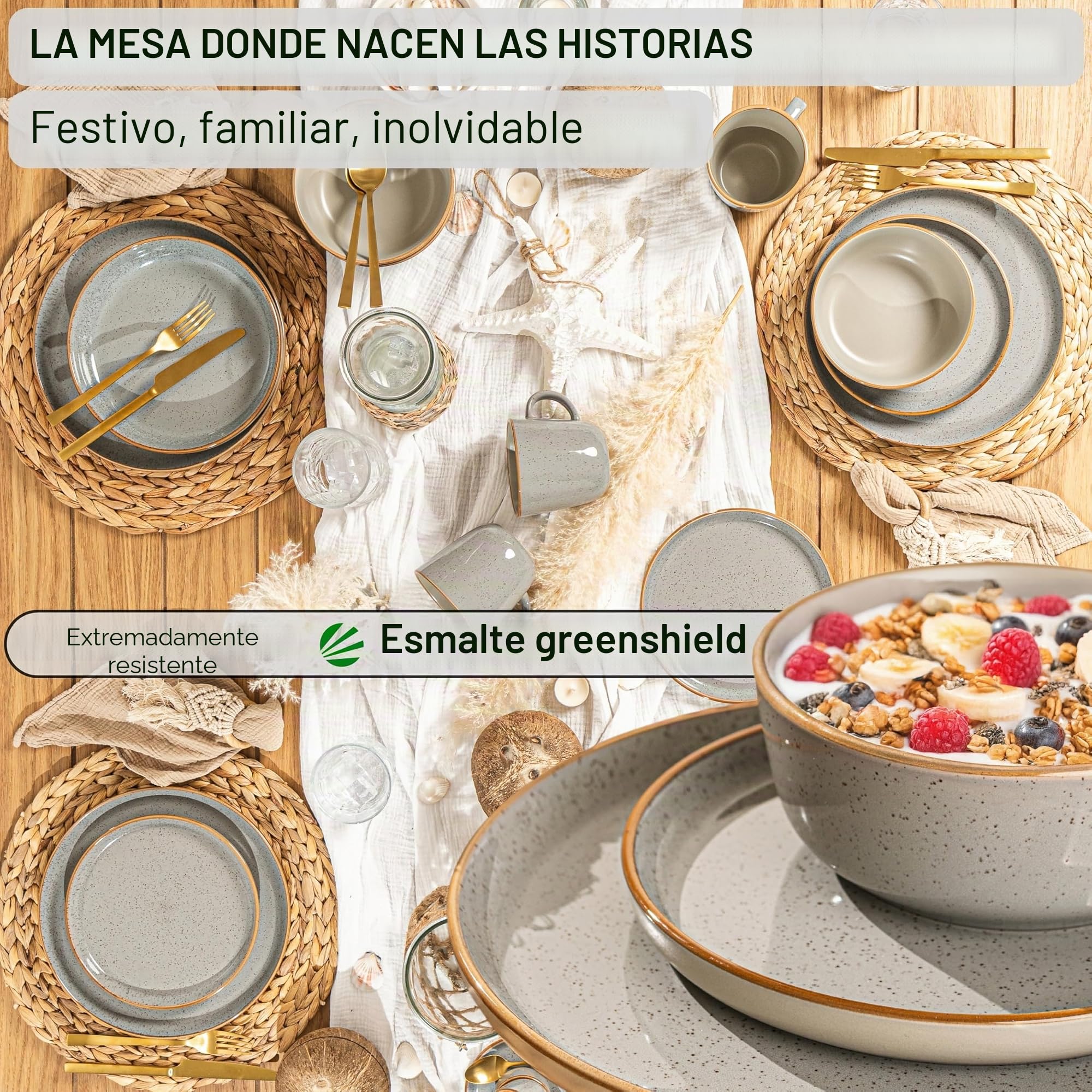 SÄNGER Rio Pearl Grey Vajilla de 18 piezas, vajilla de gres, juego de vajilla para 6 personas, 6 platos llanos, 6 platos de postre, 6 cuencos y cuencos grises, colección Value Collection