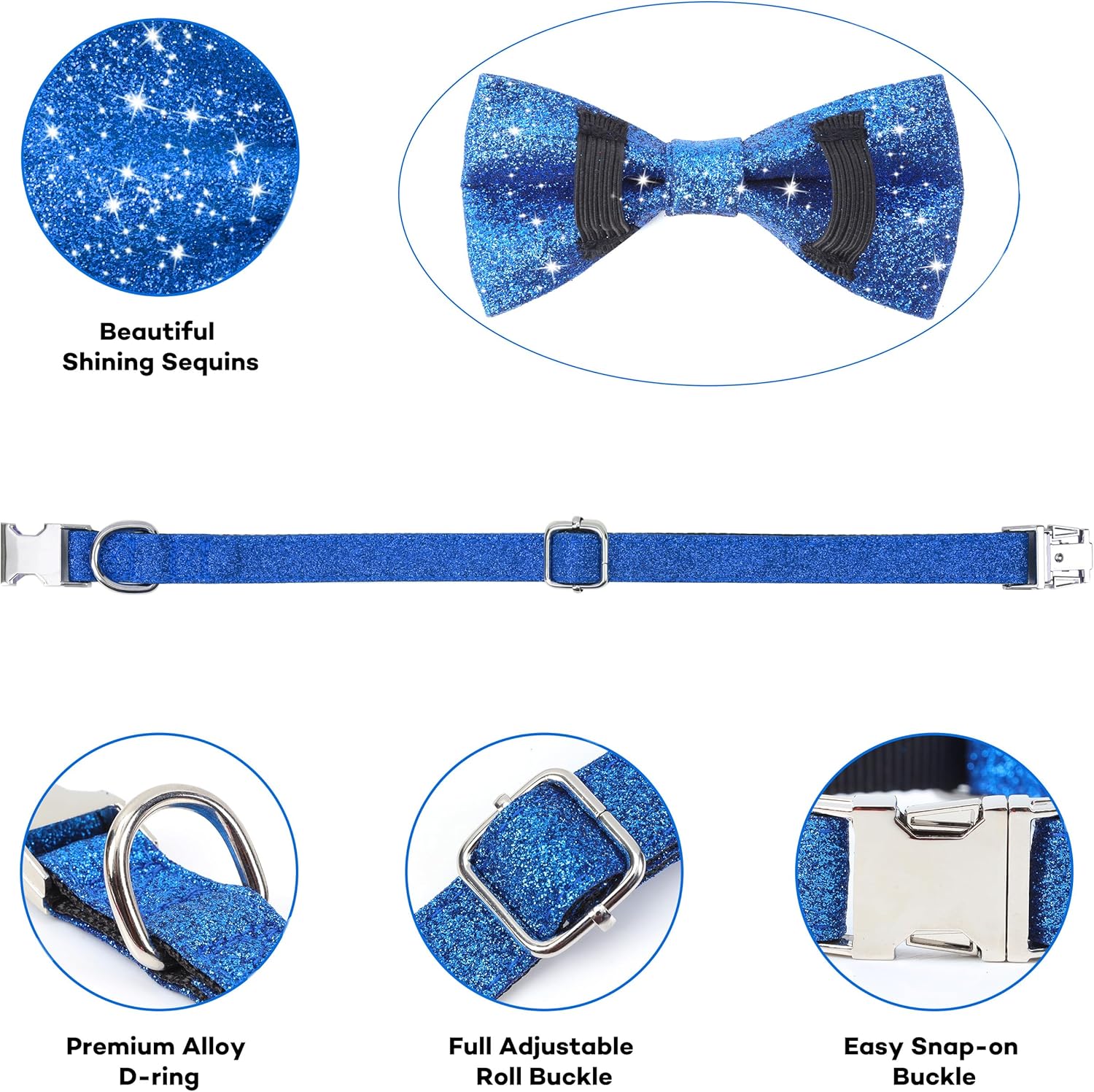 Bling Bow Tie Dog Collar and Leash Set, Cute Blue Boy Dog Collar with Bow and 5ft Leash for Medium Dogs Daily Walking or Holiday Party (Neck fit 13-19’’)