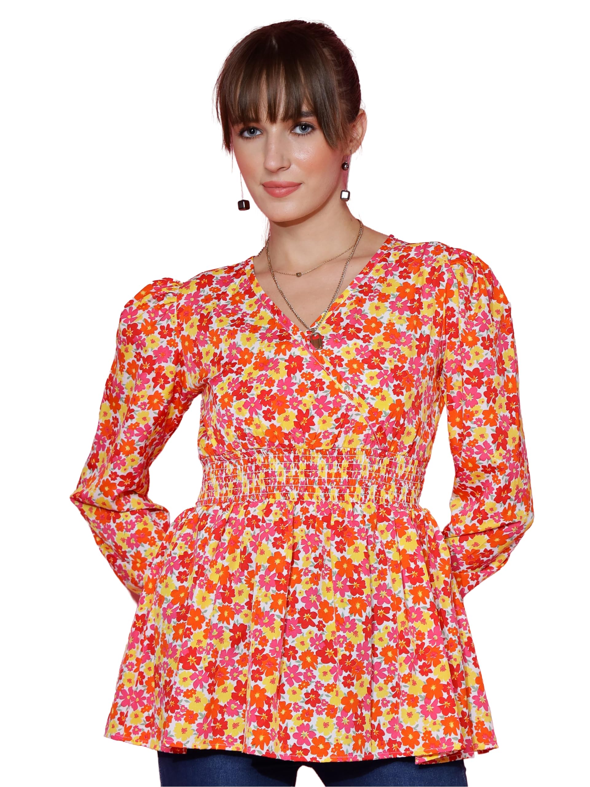 honky tonky Women's Casual Puff Sleeves Floral Print Peplum Top-picture-46