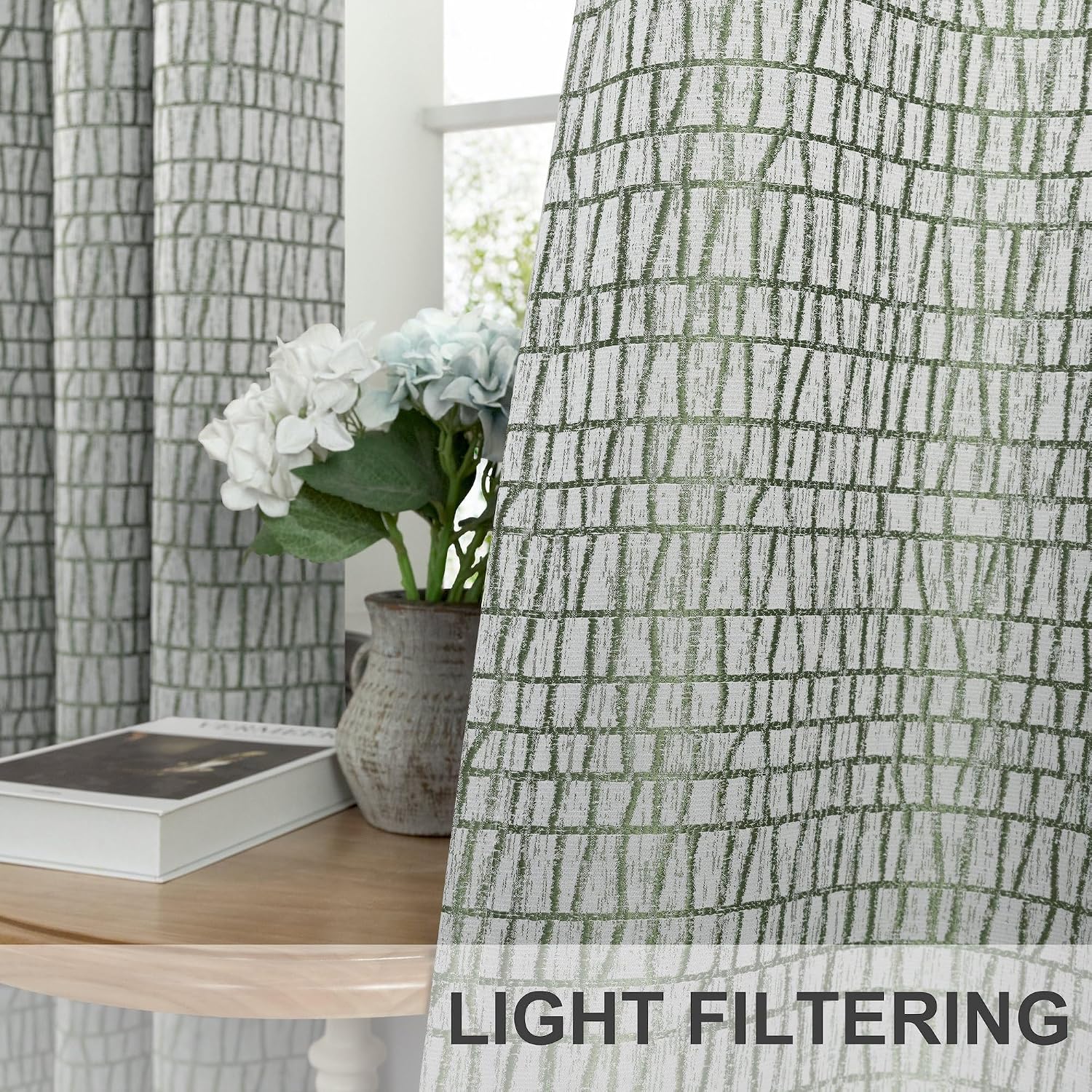 Olive Green Geometric Curtains 108 Inches Long Drapes for Living Room 2 Panels Set Grommet Print Patterned Design Room Darkening Curtains for High Ceiling Sliding Glass Door 52x108 Greyish White Green