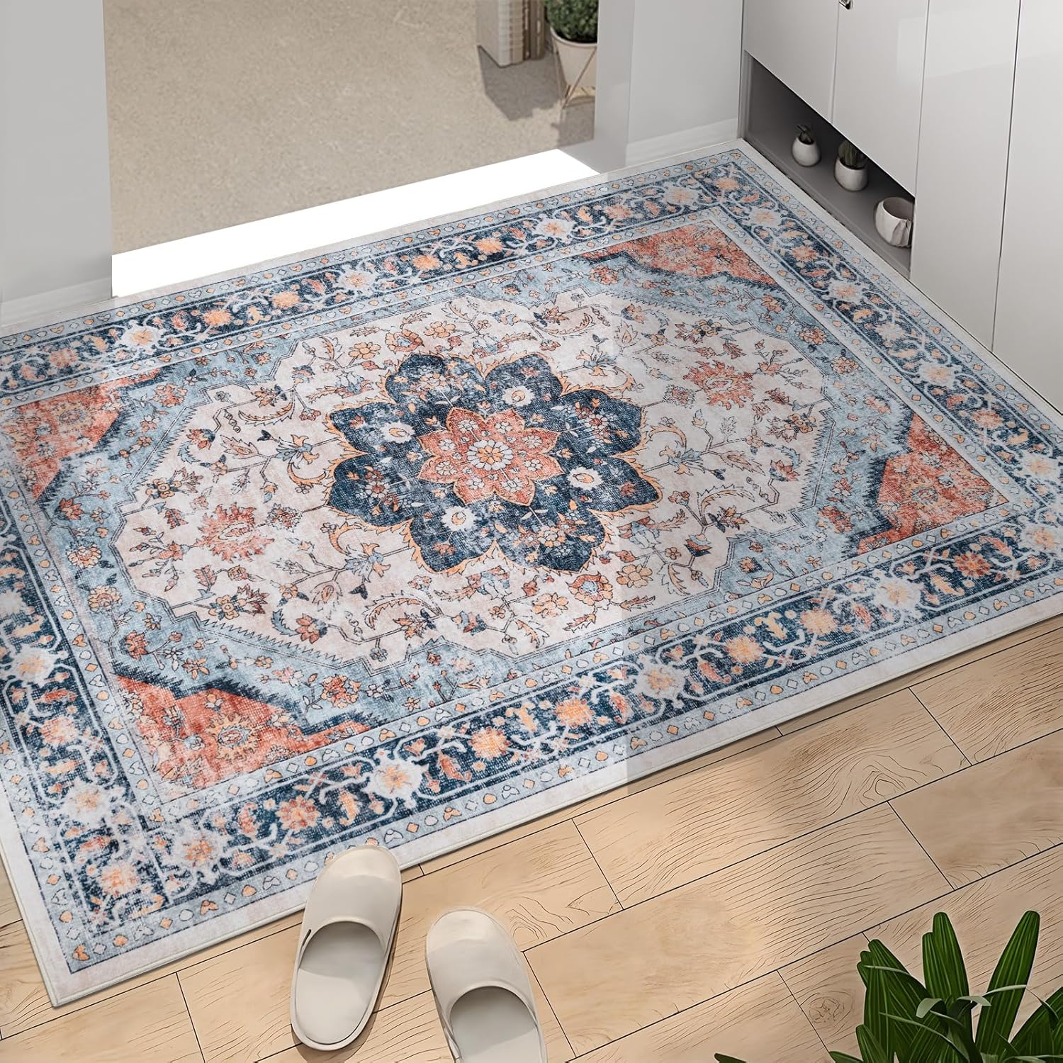 Boho Washable Area Rug for Entryway,2x3 Low Pile Indoor Non Slip Carpet Kitchen Dining Room Soft Stain Resistant Bedroom Rug Non-Shedding Beige/Orange/Blue