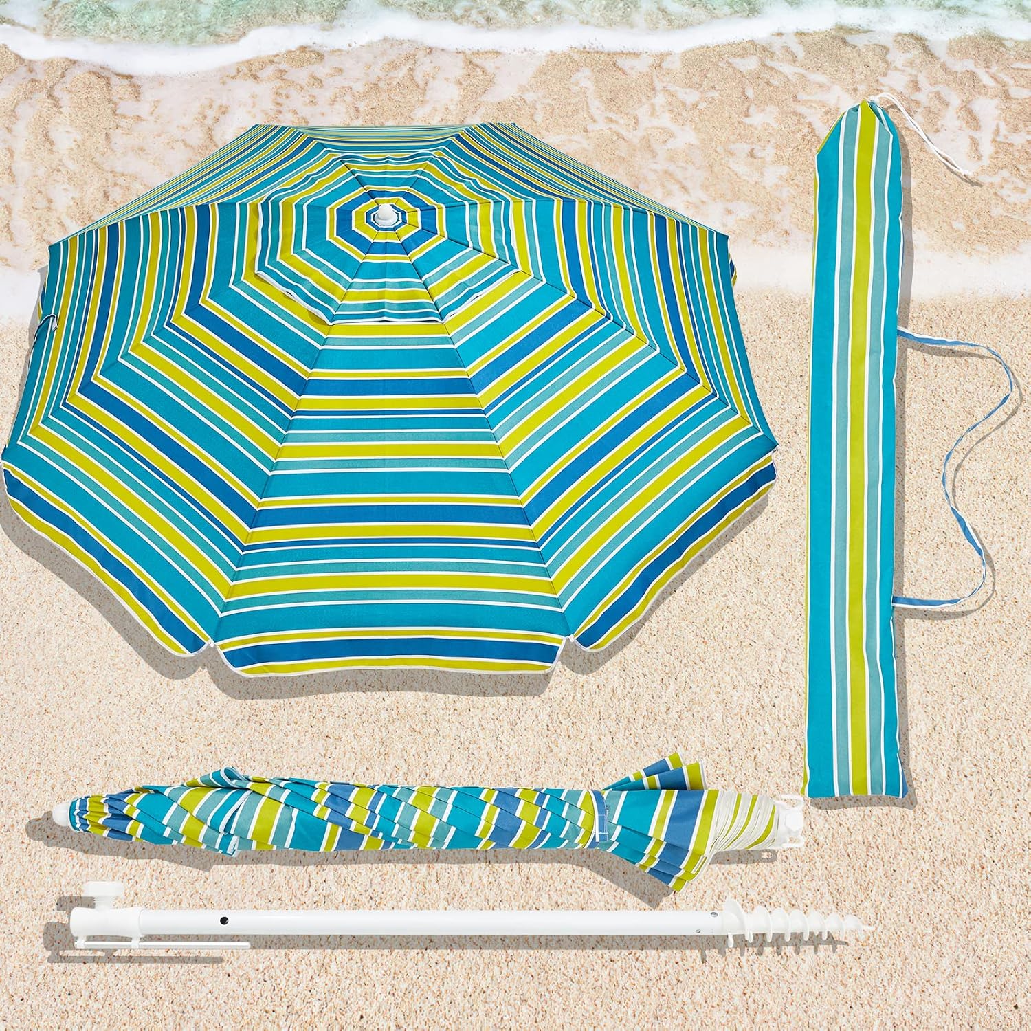 6.5ft Outdoor Beach Umbrellas UV 50+ Protection Windproof Portable Patio Umbrella for Sand Heavy Duty Beach, Garden Sunshade Umbrella with Push Button Tilt, Sand Anchor (Blue Green Stripe)