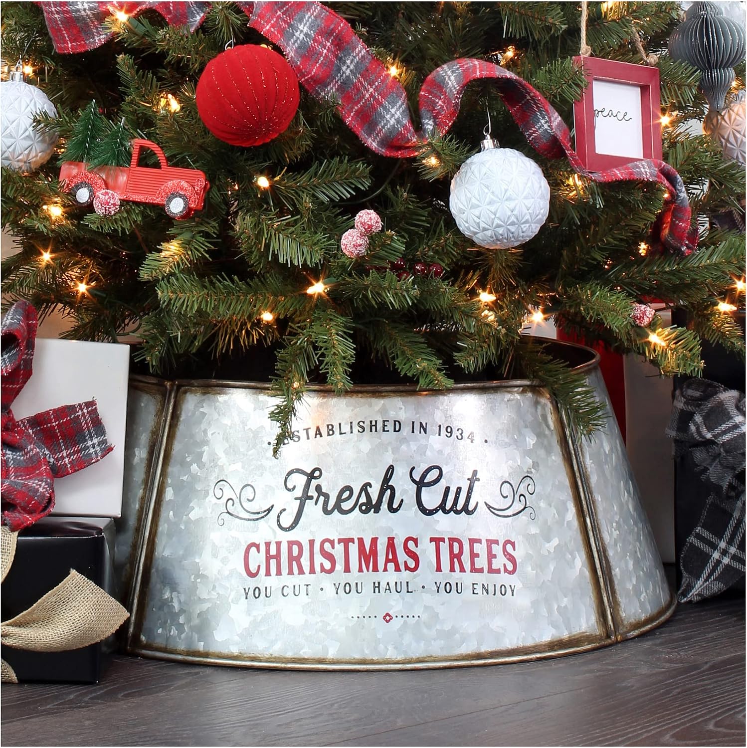 AuldHome Galvanized Metal Christmas Tree Collar (23-Inch Diameter Base); Small Size for Short Trees and Pencil Trees