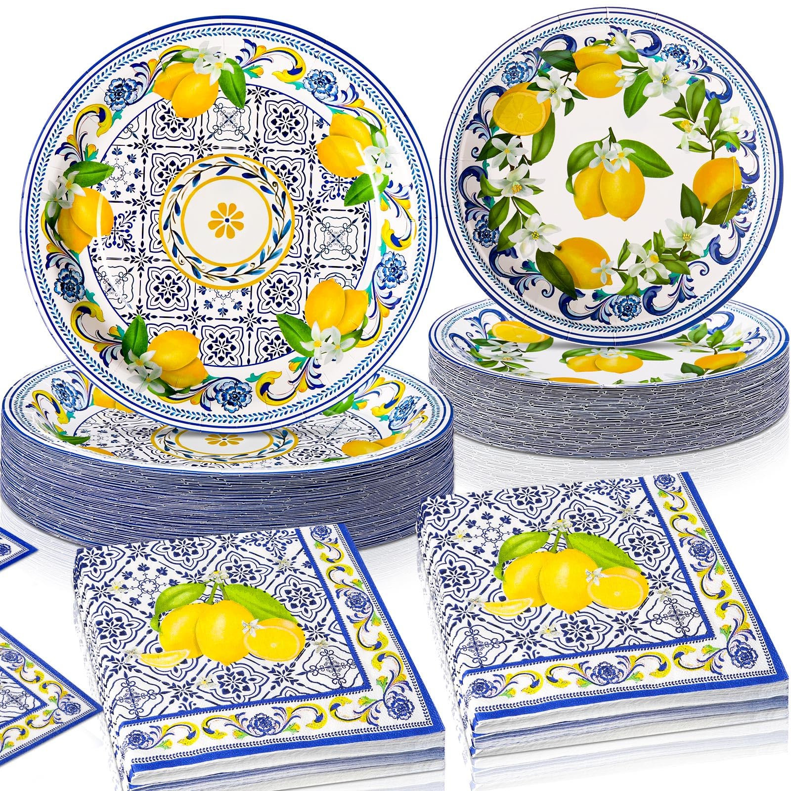Potchen 180 Pcs Lemon Party Plates and Napkins 7'' and 9'' Capri Lemon Theme Decorations Disposable Mediterranean Party Supplies Tableware Set for