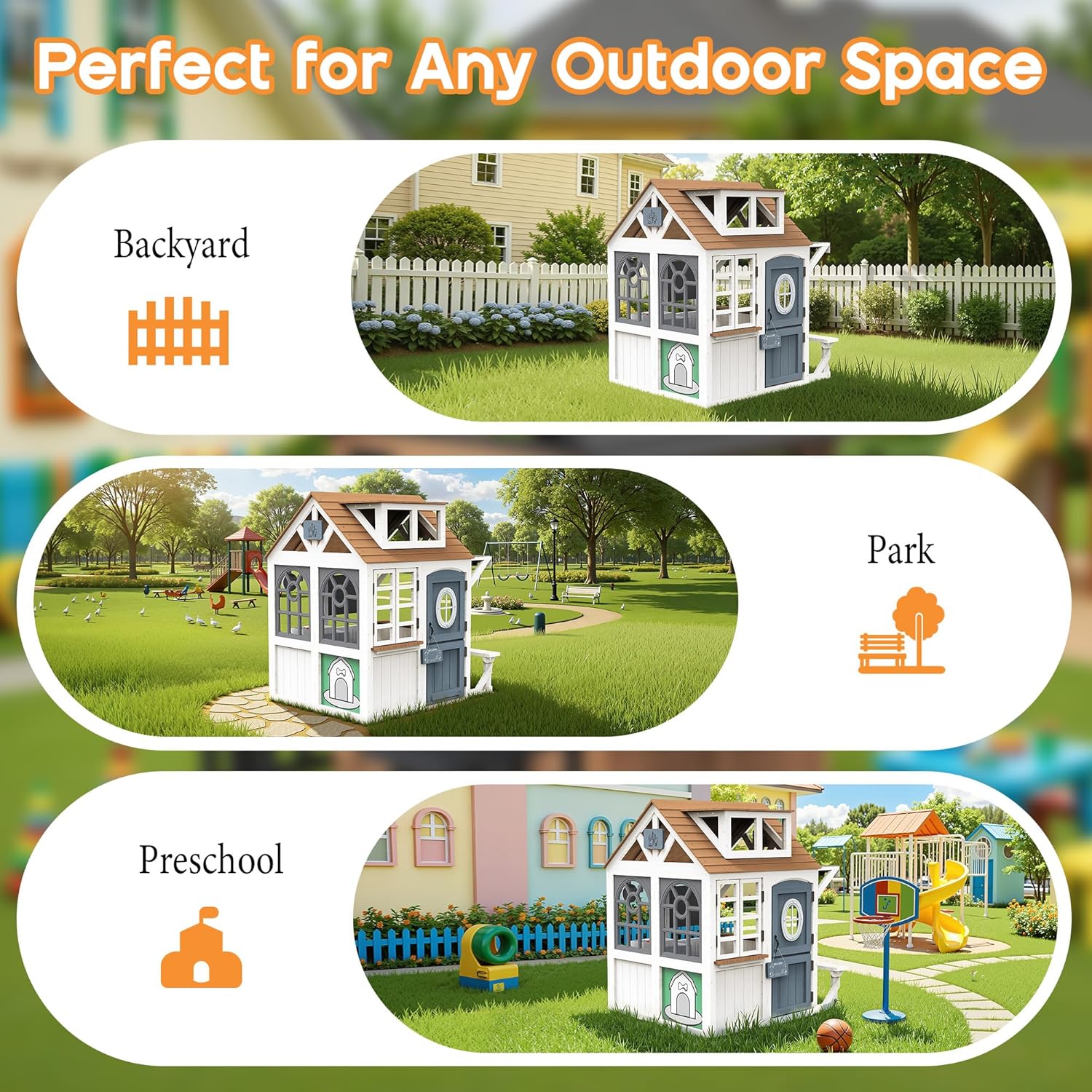 Albott Kids Outdoor Wooden Playhouse with Kitchen Set, Chalkboard, Durable Fir Wood Construction with Waterproof Roof & Rust-Resistant Hinges, Pretend Playhouse for 3–8 Years Old Boys & Girls