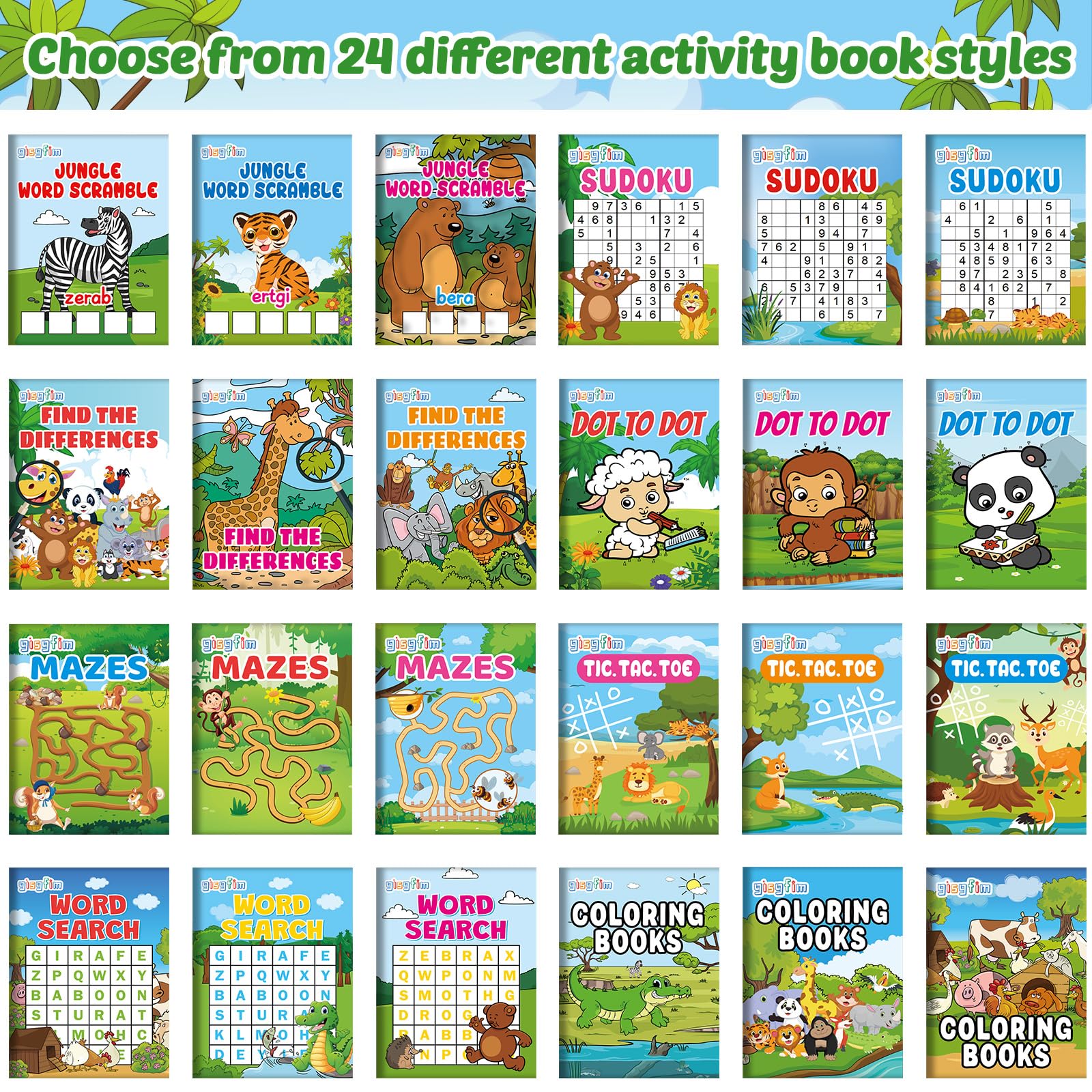 gisgfim Confezione da 96 mini libri da colorare Safari per bambini dai 4 ai 12 anni, gioco di puzzle animali della giungla, labirinto, ricerca di parole da punto a punto, per compleanno, ricompense in