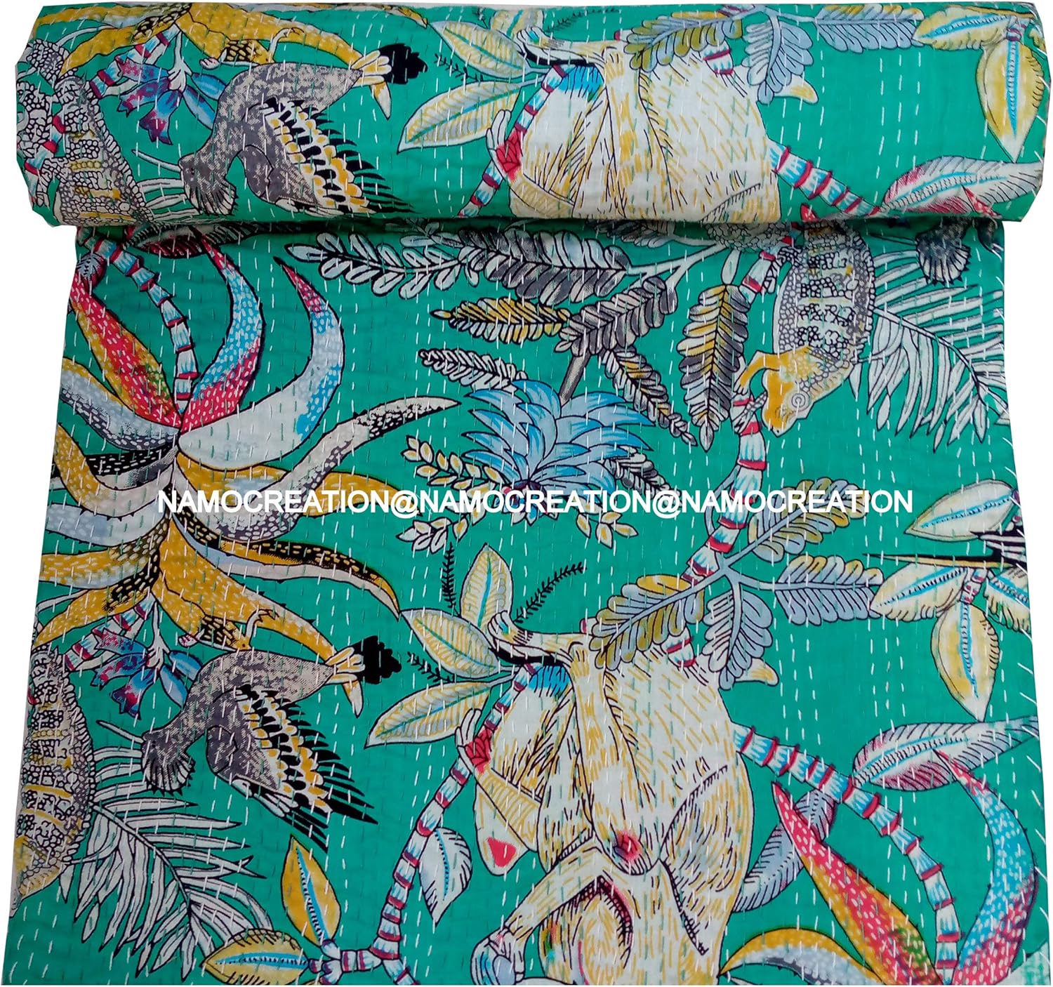 Monkey Animal Print Kantha Hippie Handmade Quilt Handblock Sofa Cover Bohemian Bedspread Reversible Throw Blanket California King/Queen/Twin (Green, 60X90 Inches)