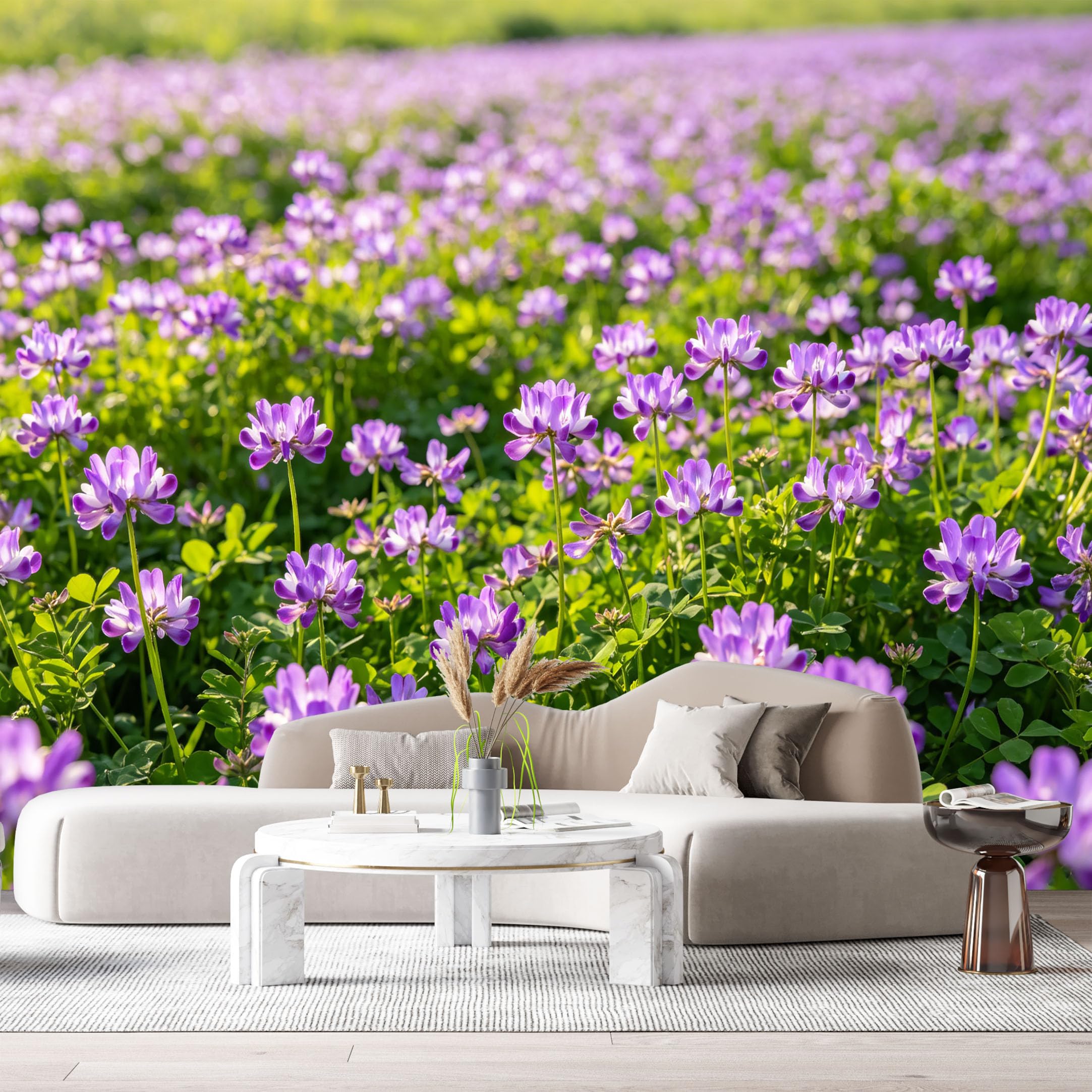Custom Size Wall Murals Purple Flower Field Botanical Landscape Sunlight Bloom SelfAdhesive Wall Fabric Removable Large Wallpaper for Photo Living Room